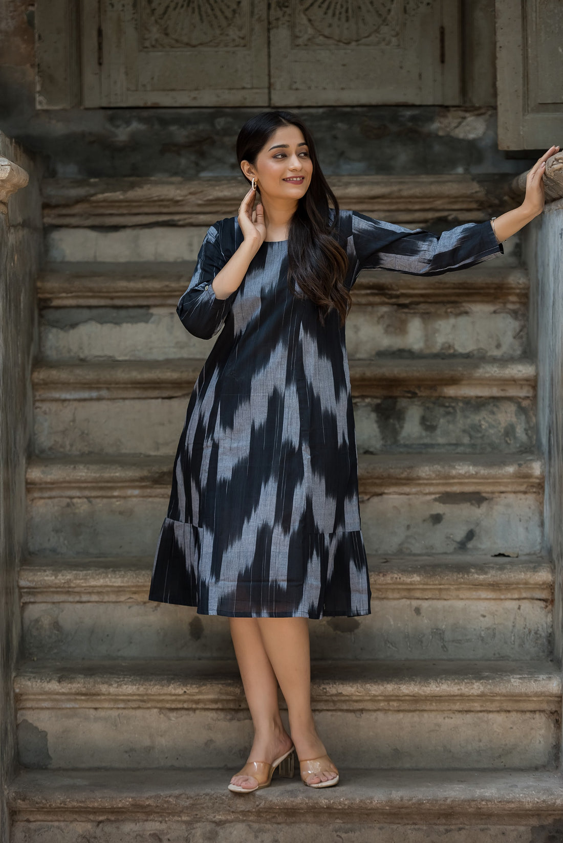 Black Grey Handloom Ikkat Comfortable A-line dress