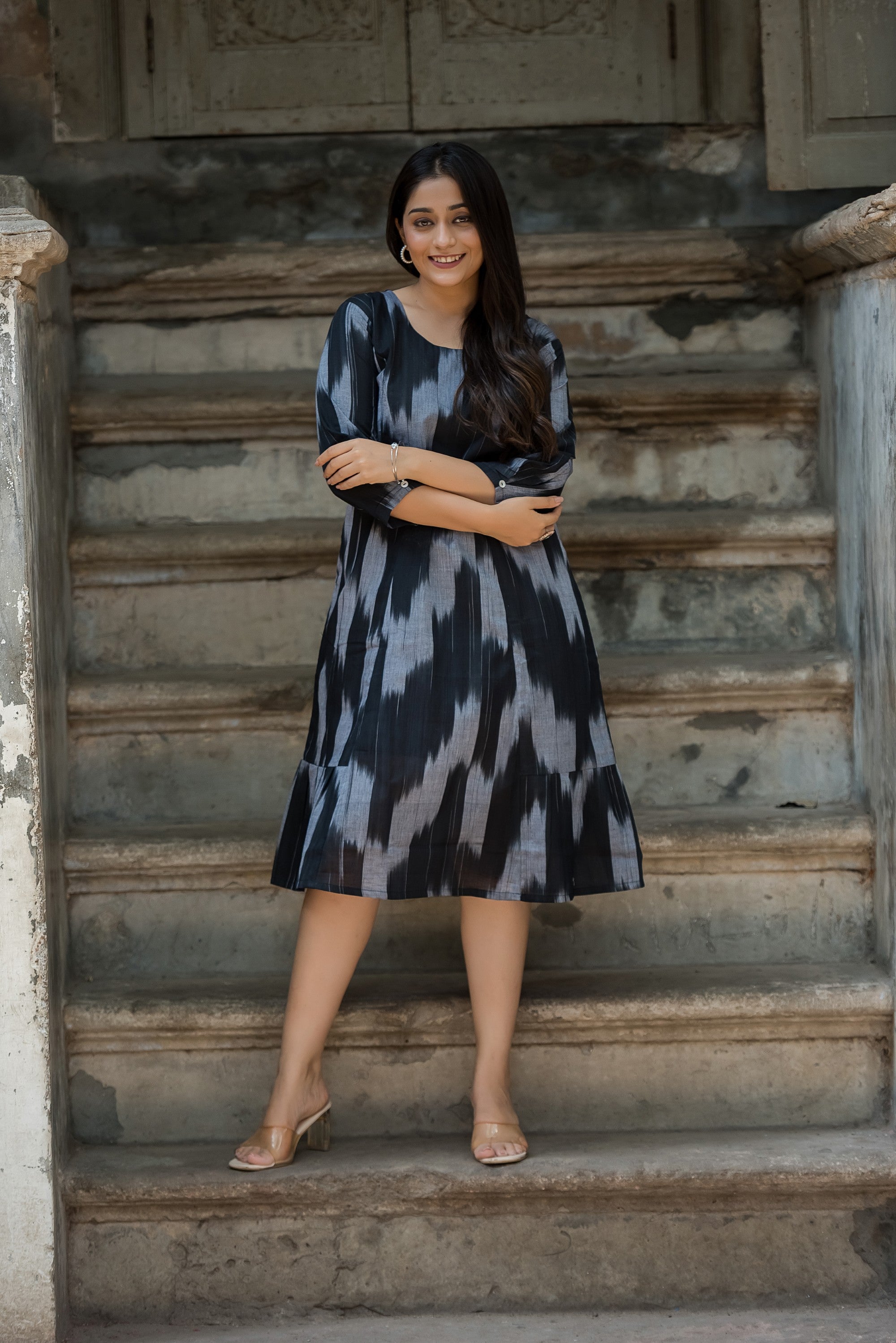 Black Grey Handloom Ikkat Comfortable A-line dress
