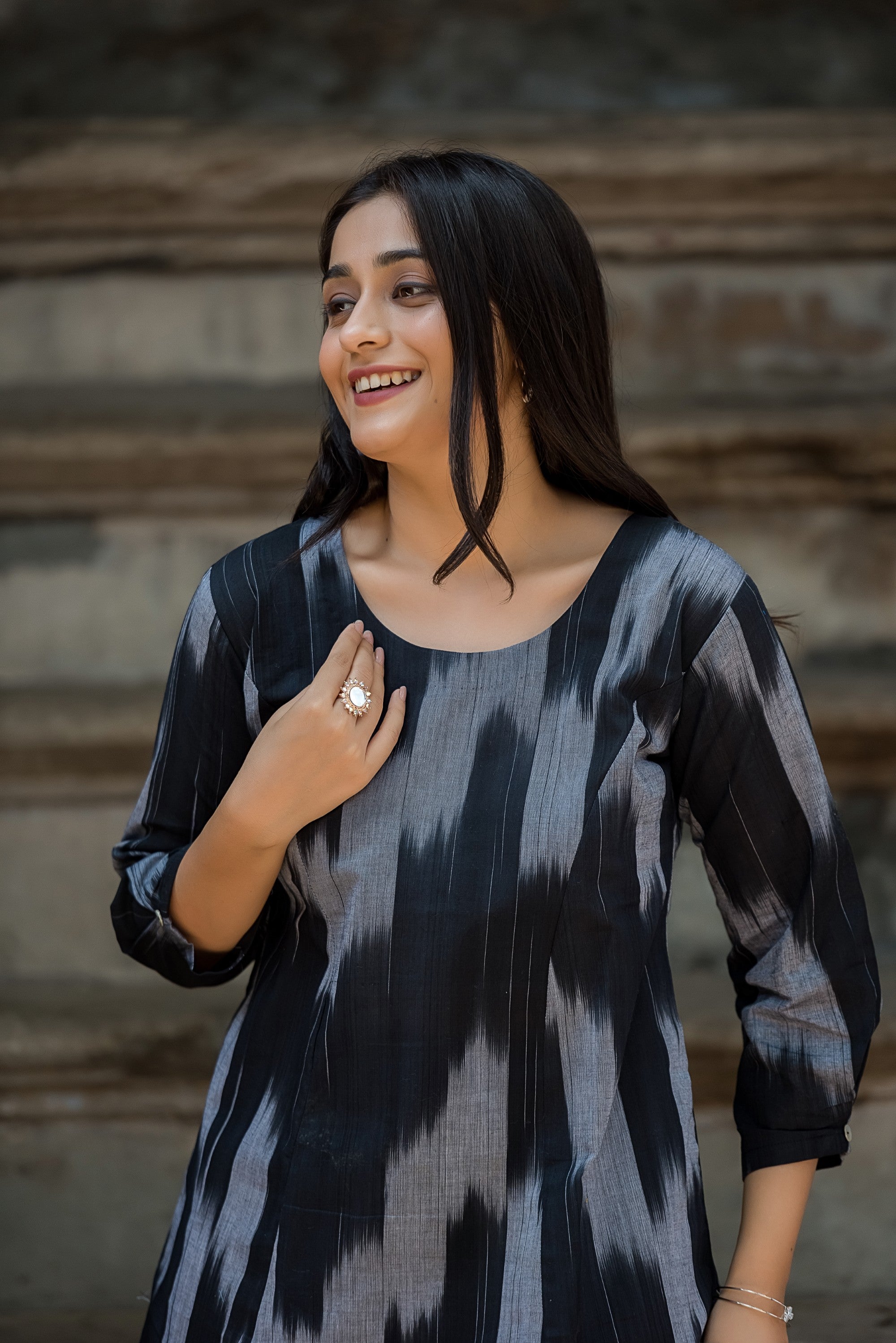 Black Grey Handloom Ikkat Comfortable A-line dress