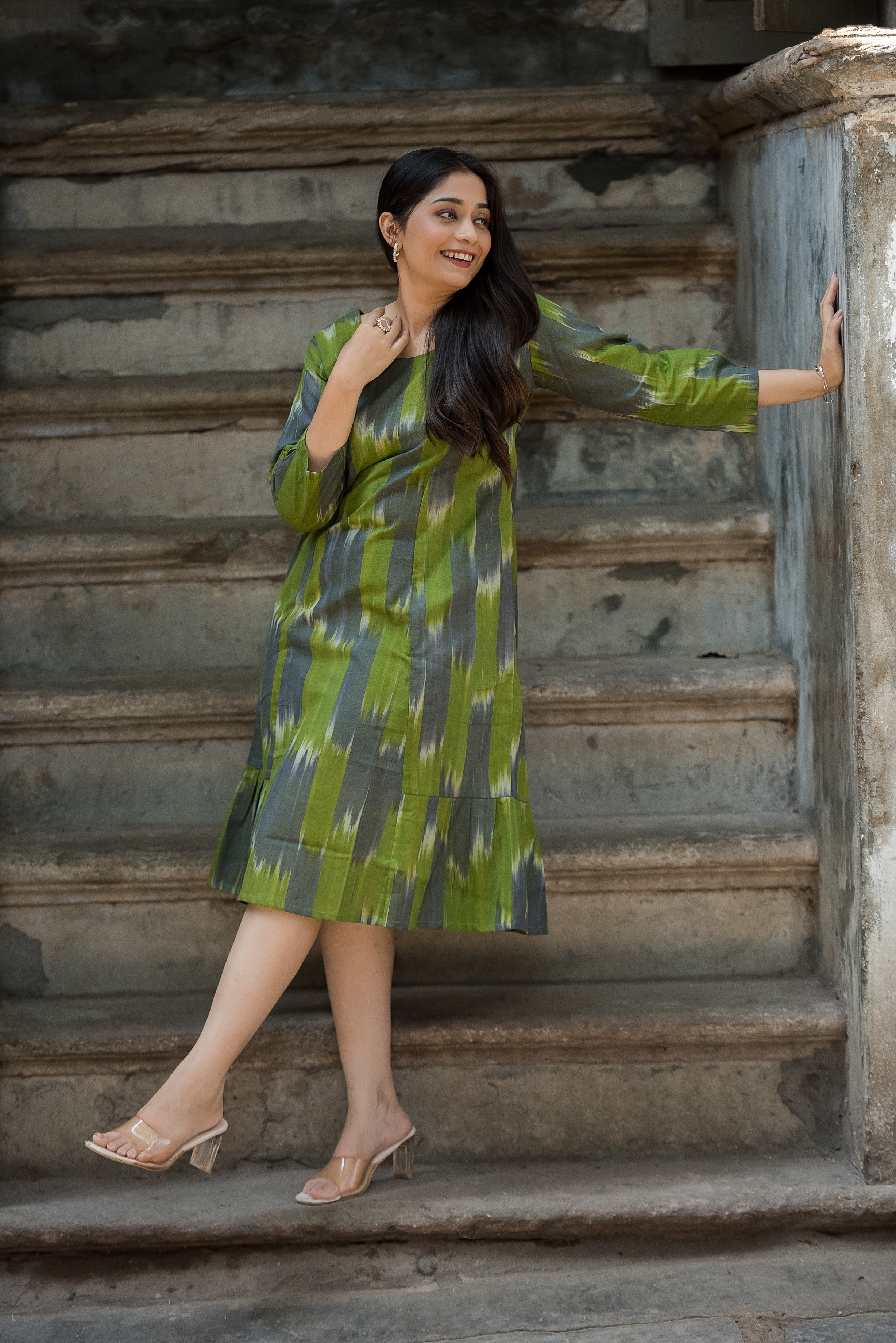 Green Grey Handloom Ikkat Comfortable A-line dress