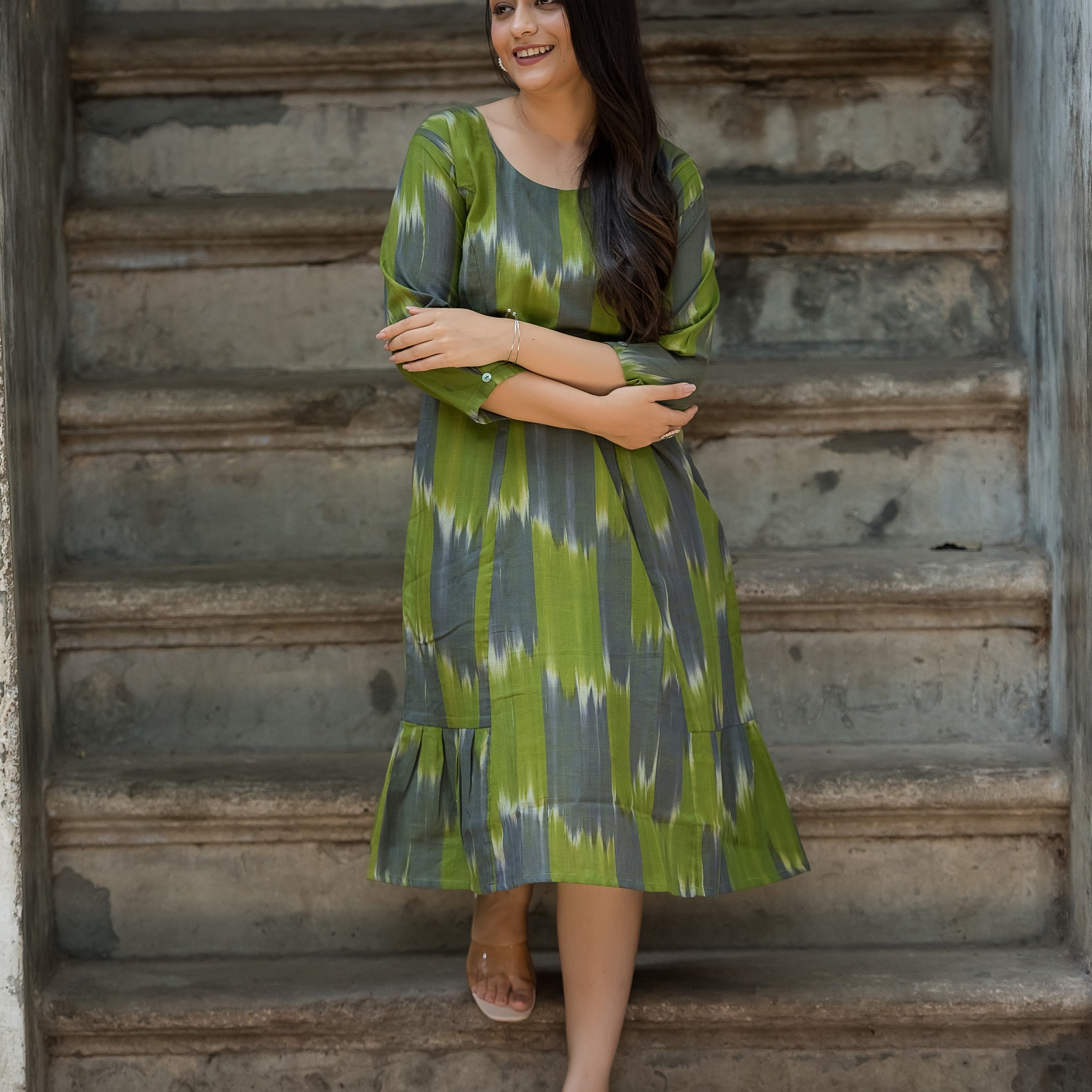 Green Grey Handloom Ikkat Comfortable A-line dress