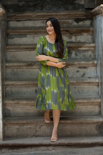 Green Grey Handloom Ikkat Comfortable A-line dress