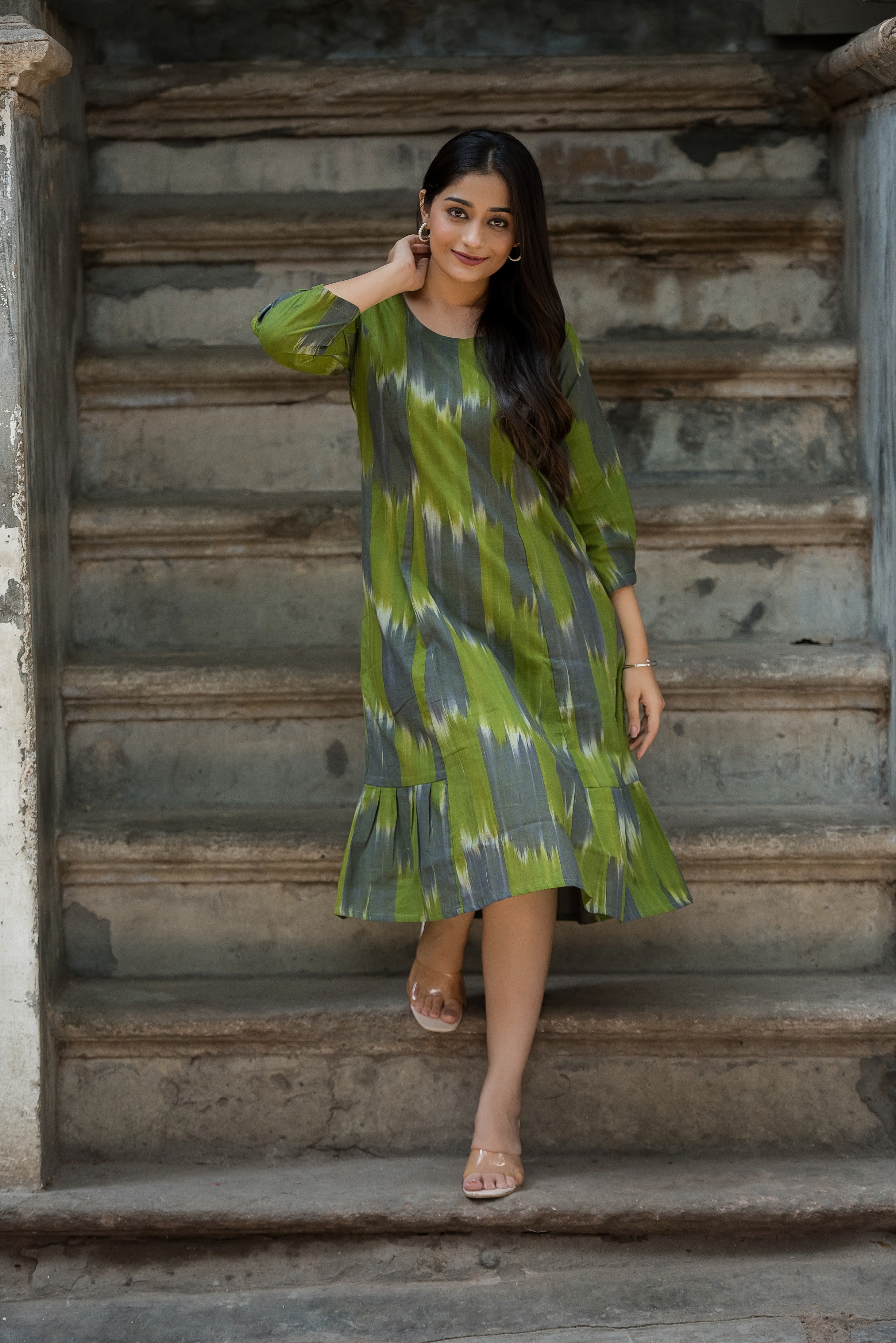 Green Grey Handloom Ikkat Comfortable A-line dress