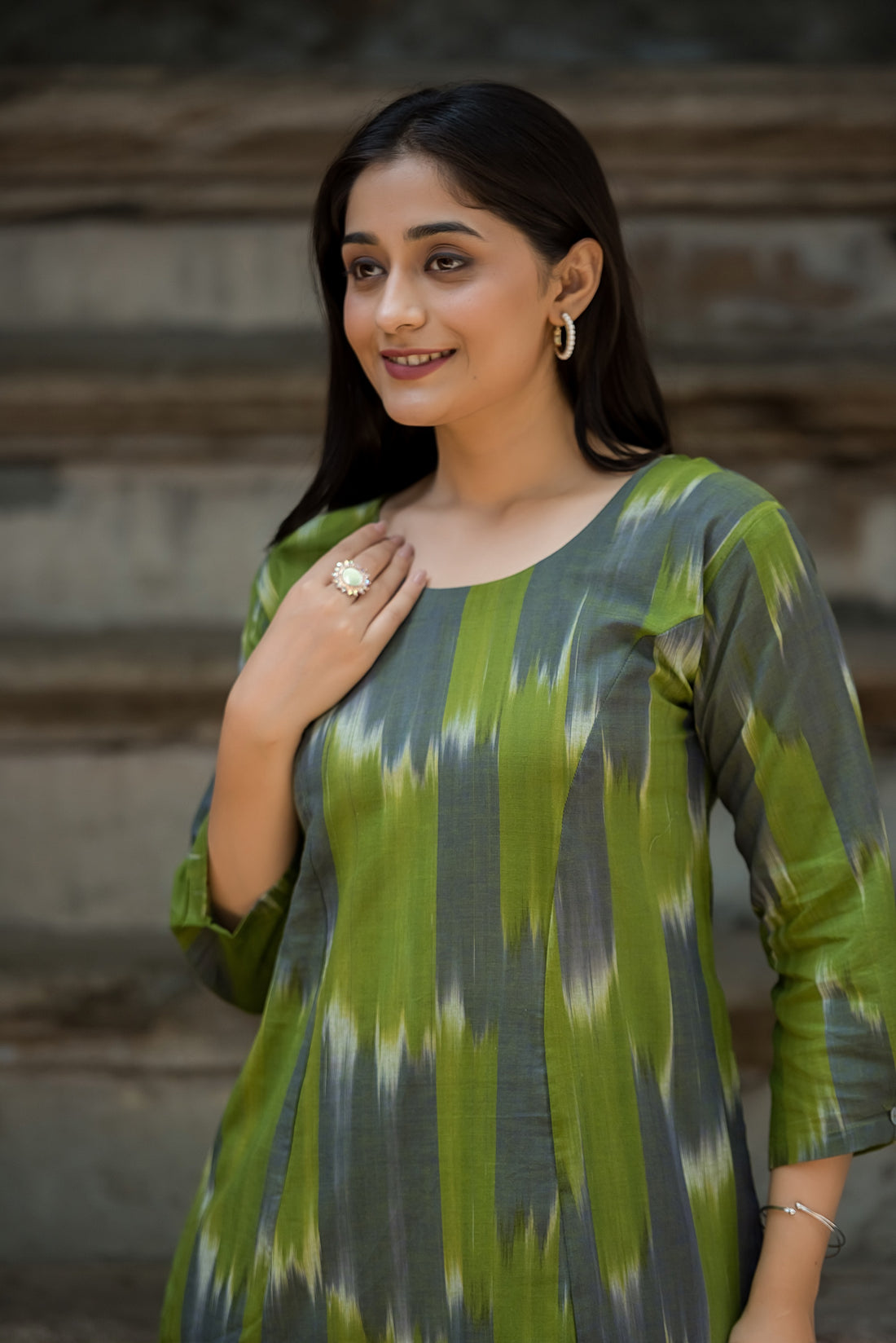 Green Grey Handloom Ikkat Comfortable A-line dress