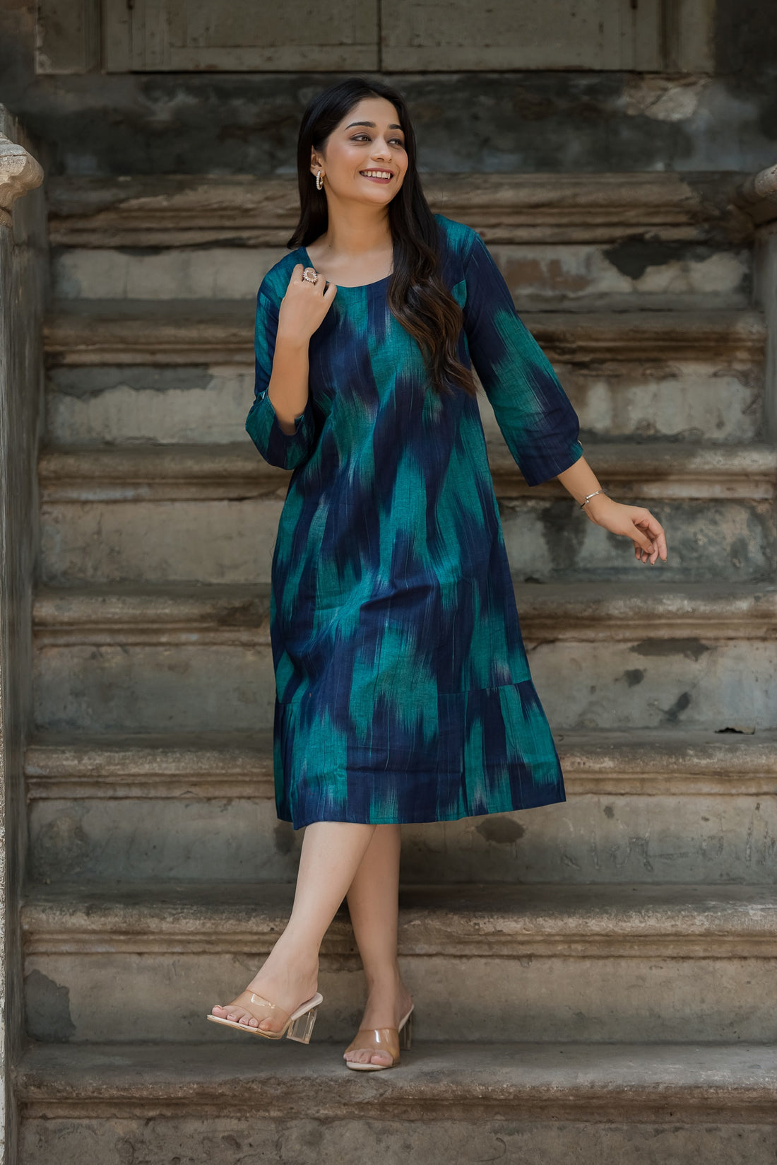 Blue Rama Handloom Ikkat Comfortable A-line dress