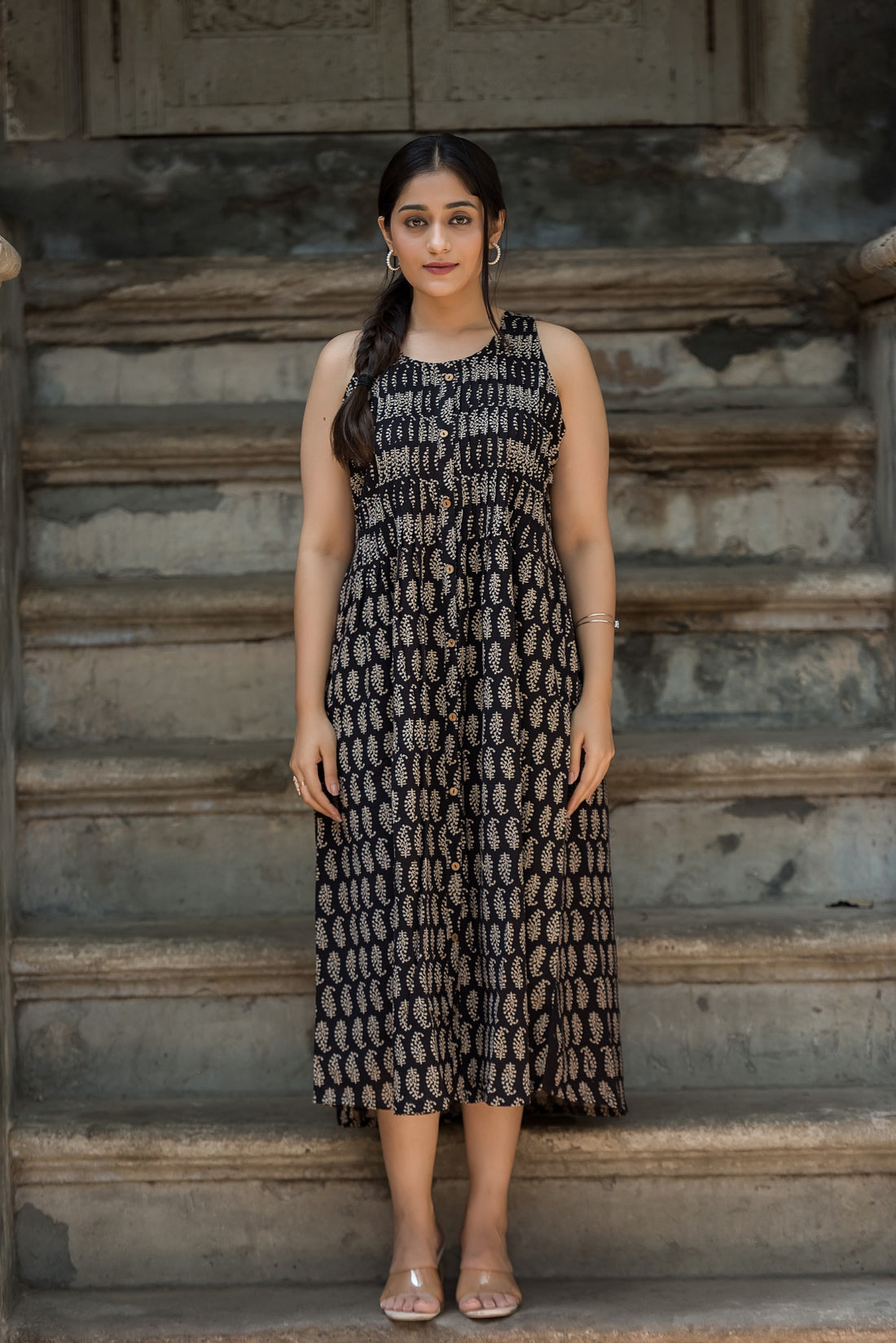 Black Cotton Haulter Plitted Dress
