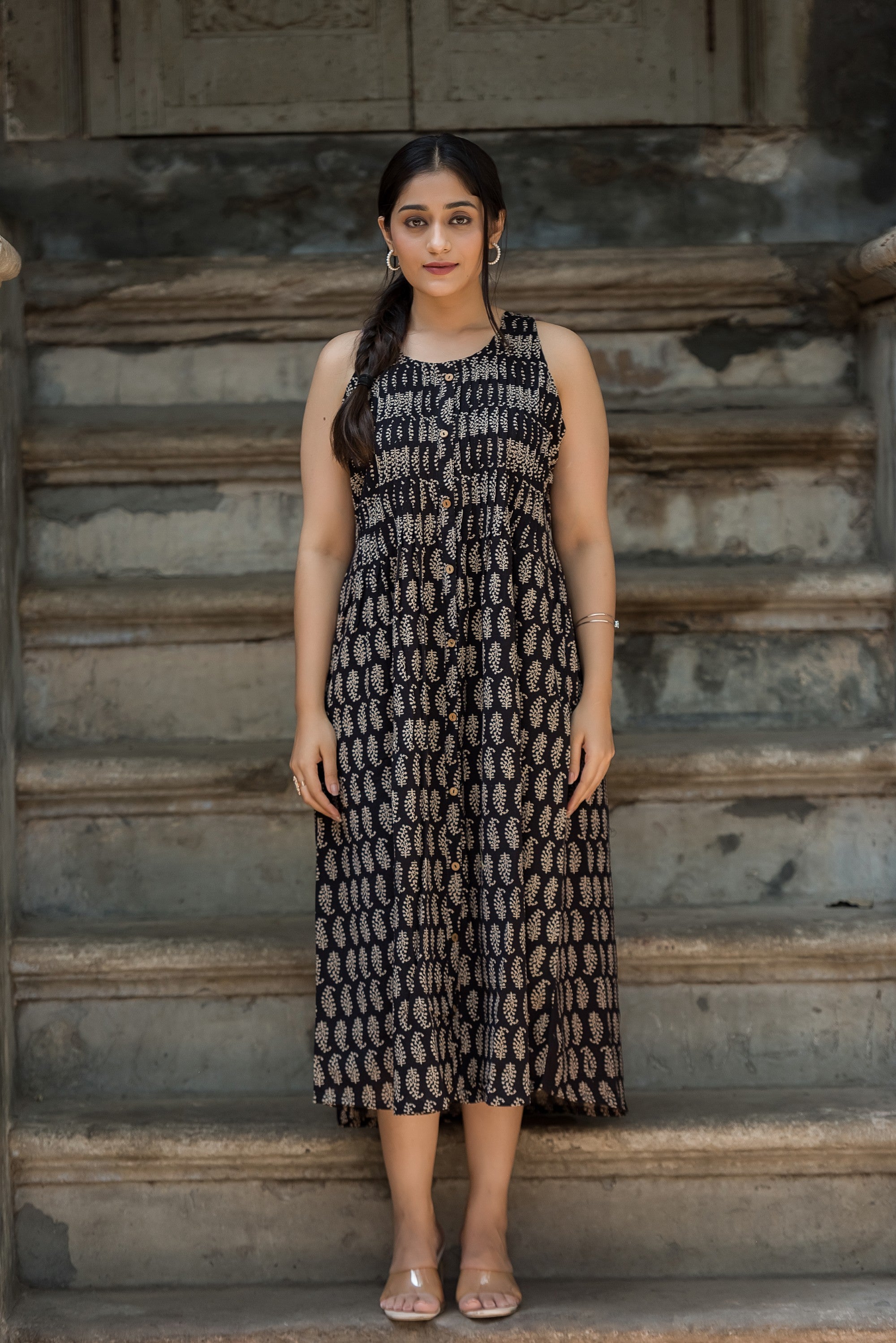 Black Cotton Haulter Plitted Dress