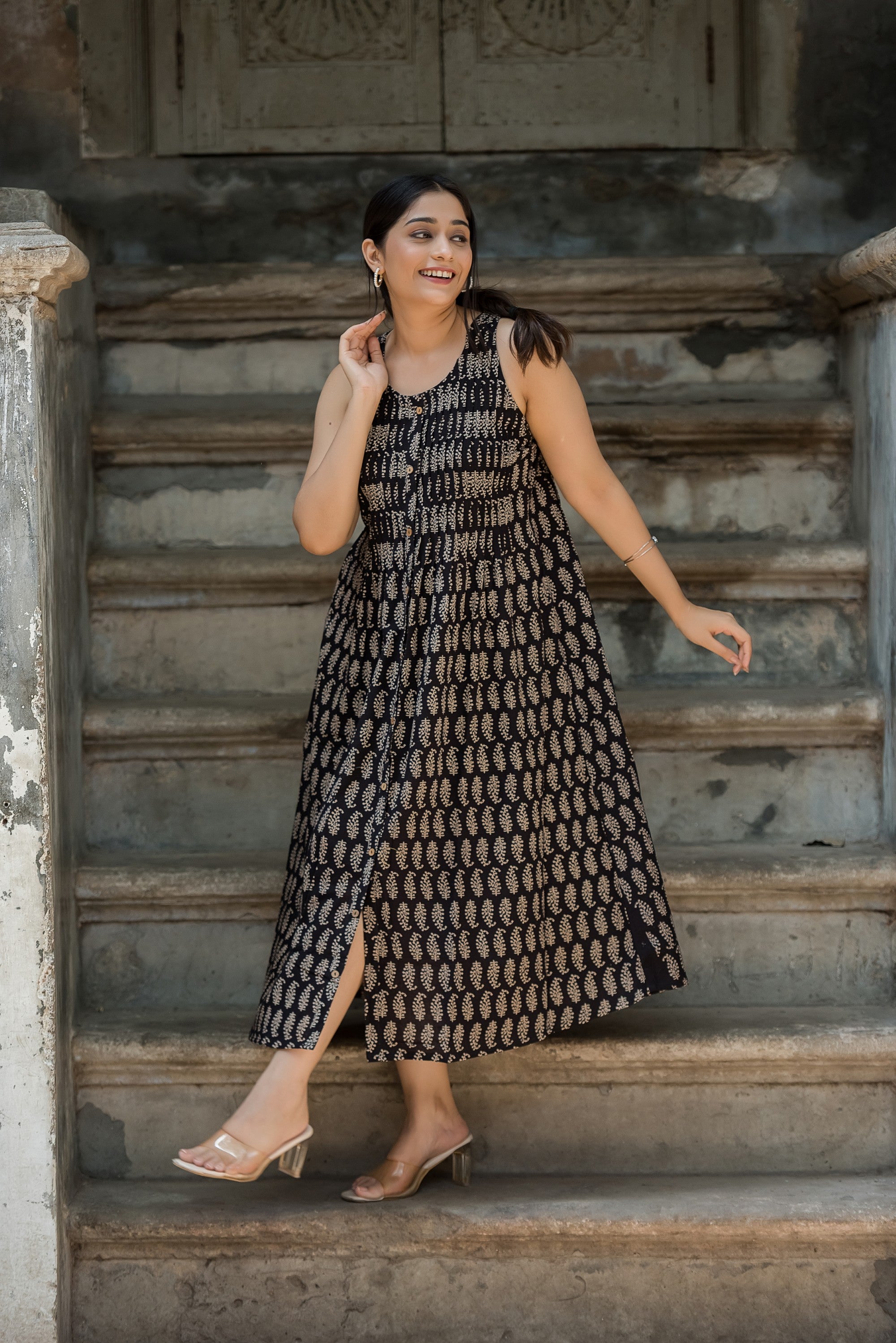 Black Cotton Haulter Plitted Dress