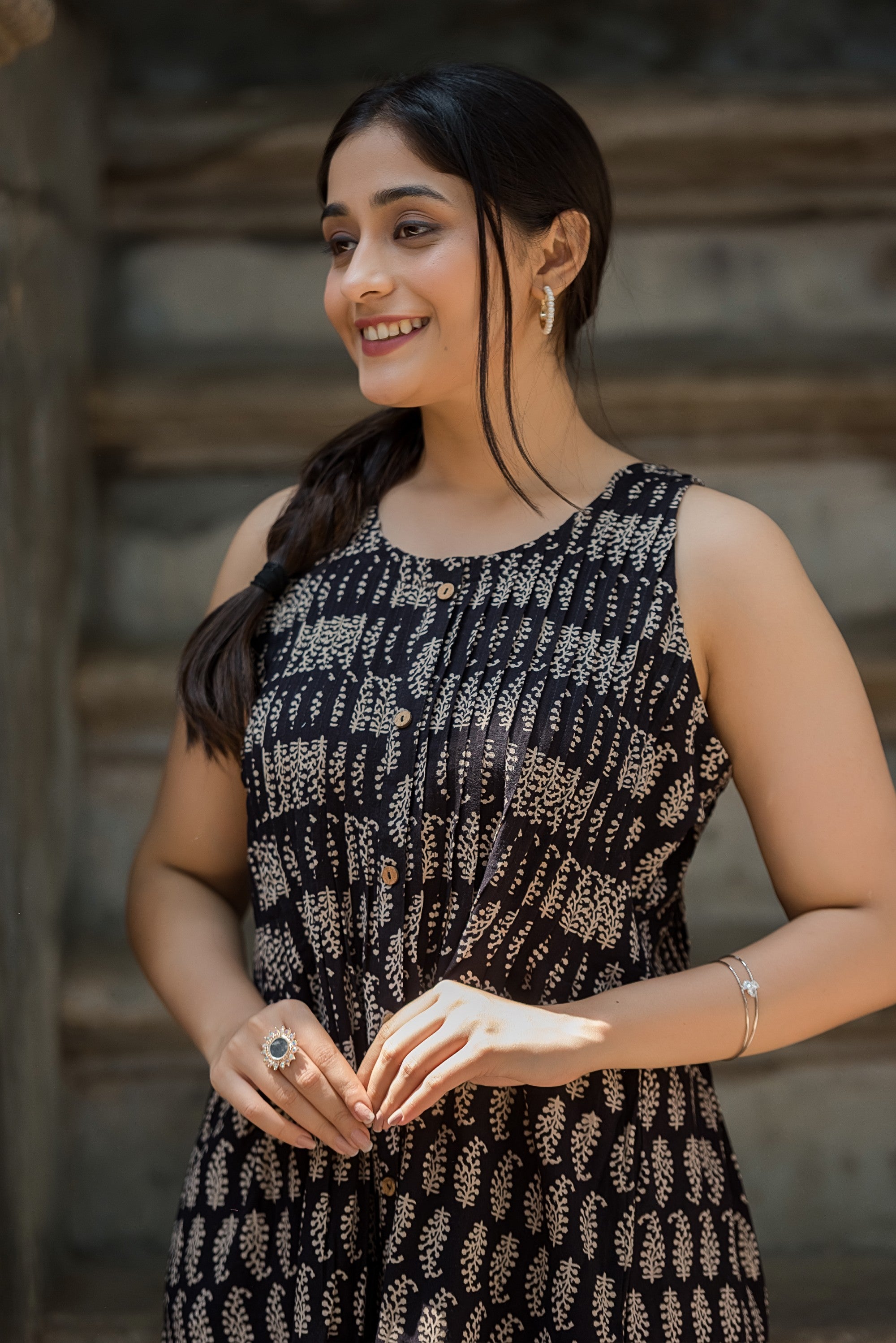 Black Cotton Haulter Plitted Dress