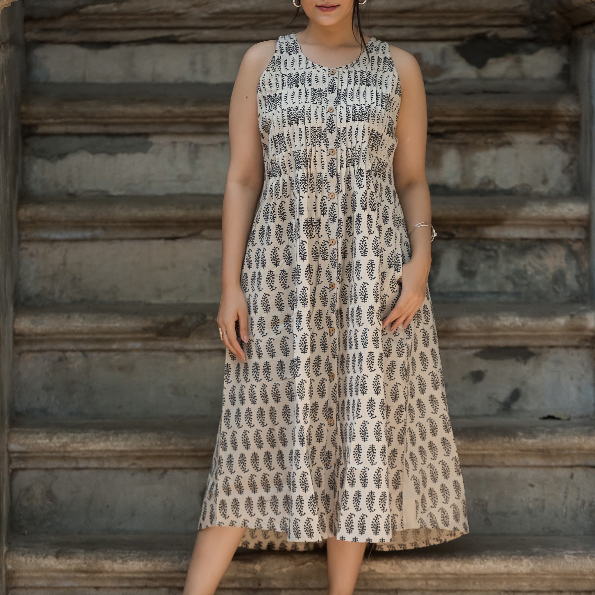 White beige Cotton Haulter Both Sides Plitted Dress
