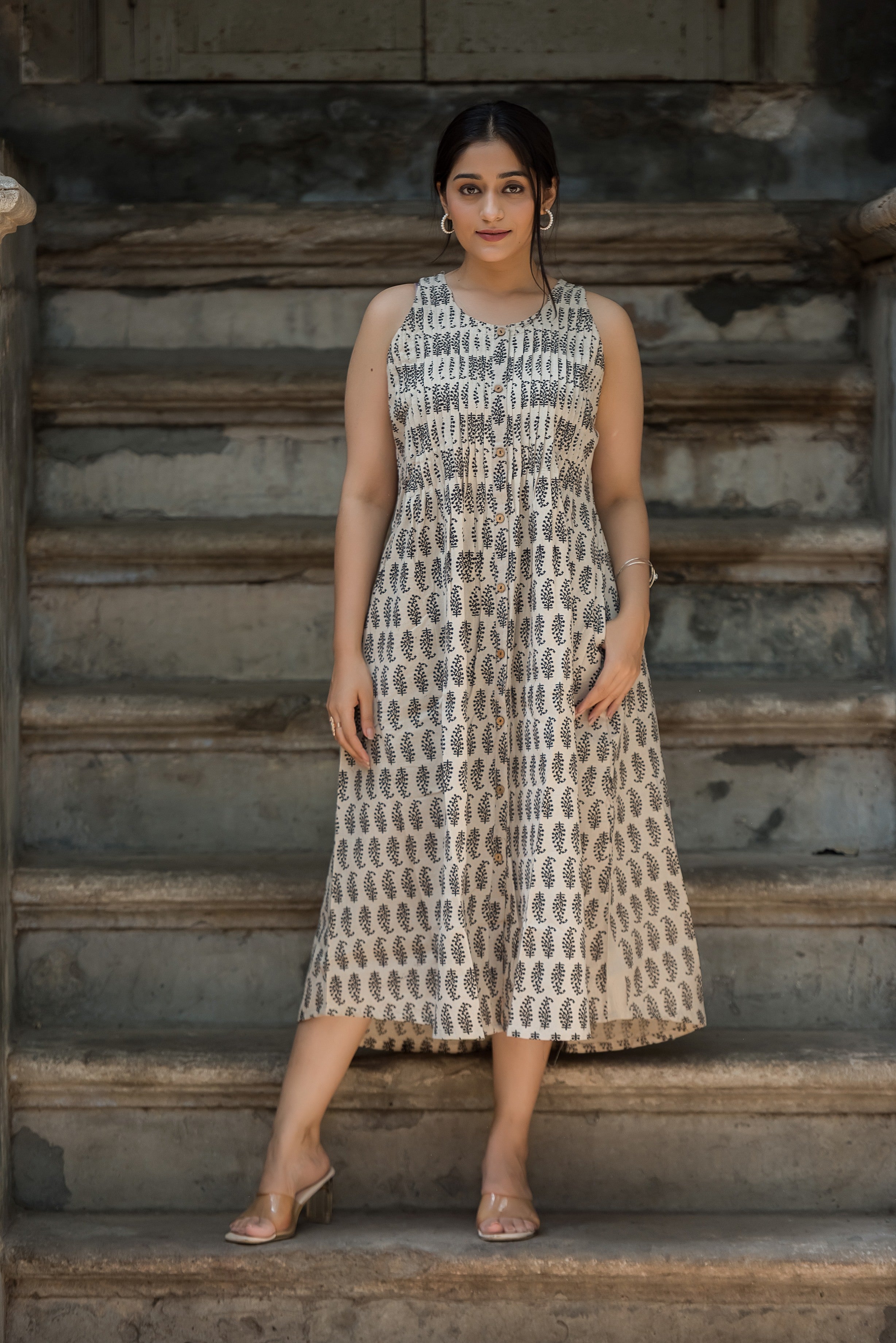 White beige Cotton Haulter Both Sides Plitted Dress