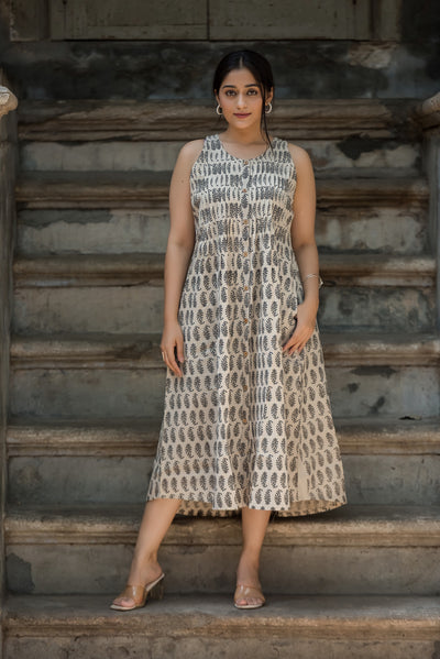 White beige Cotton Haulter Both Sides Plitted Dress