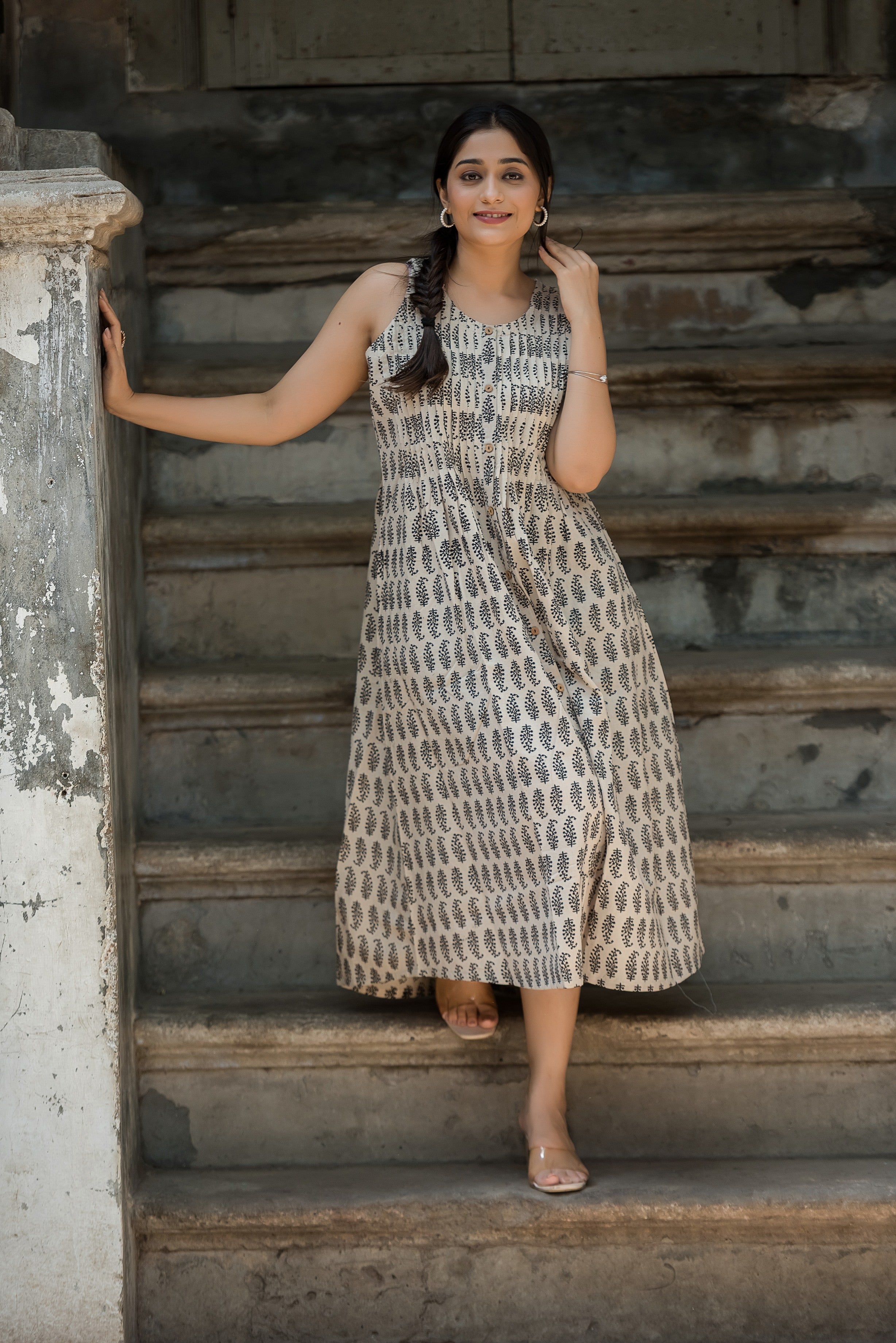 White beige Cotton Haulter Both Sides Plitted Dress