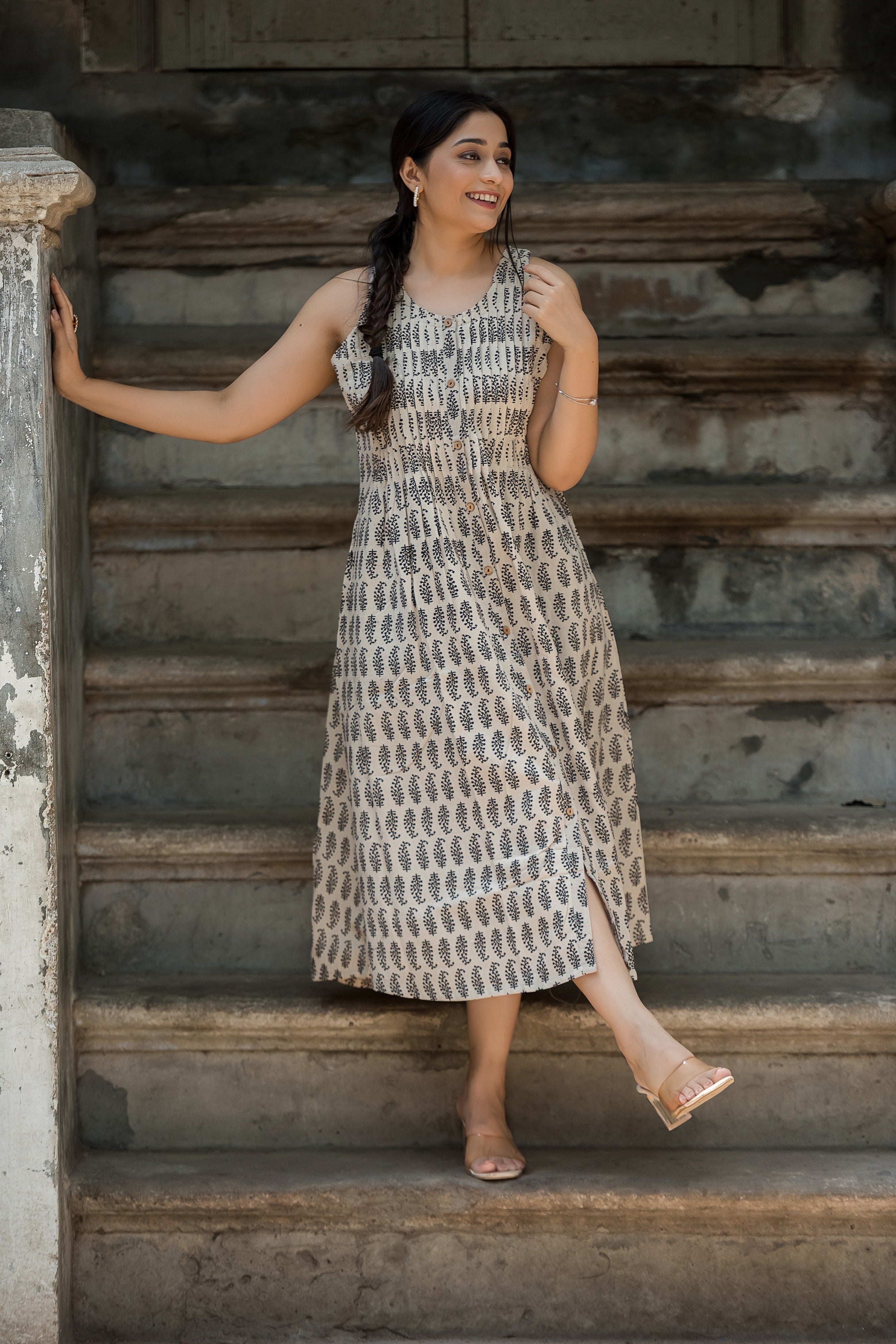 White beige Cotton Haulter Both Sides Plitted Dress