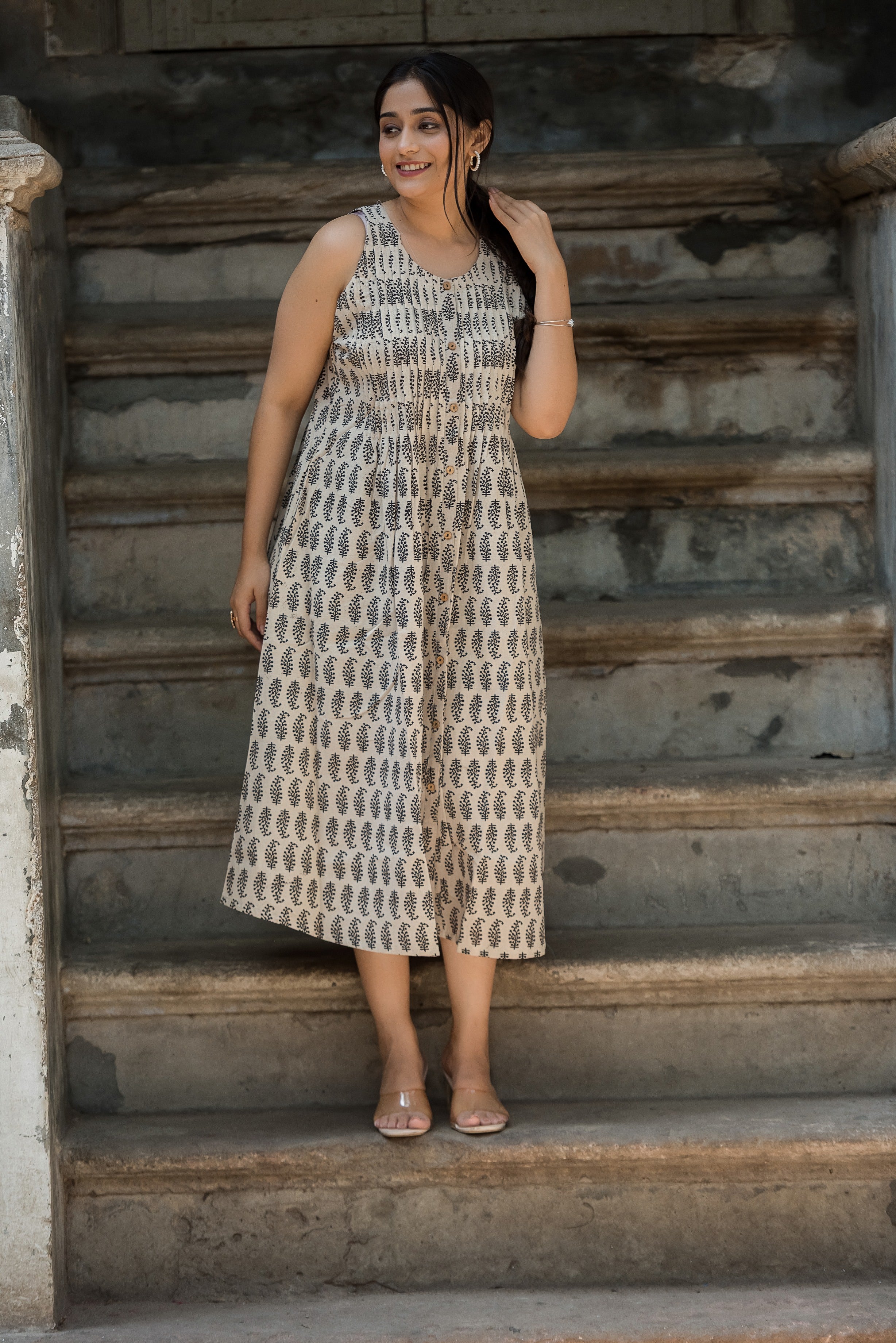 White beige Cotton Haulter Both Sides Plitted Dress