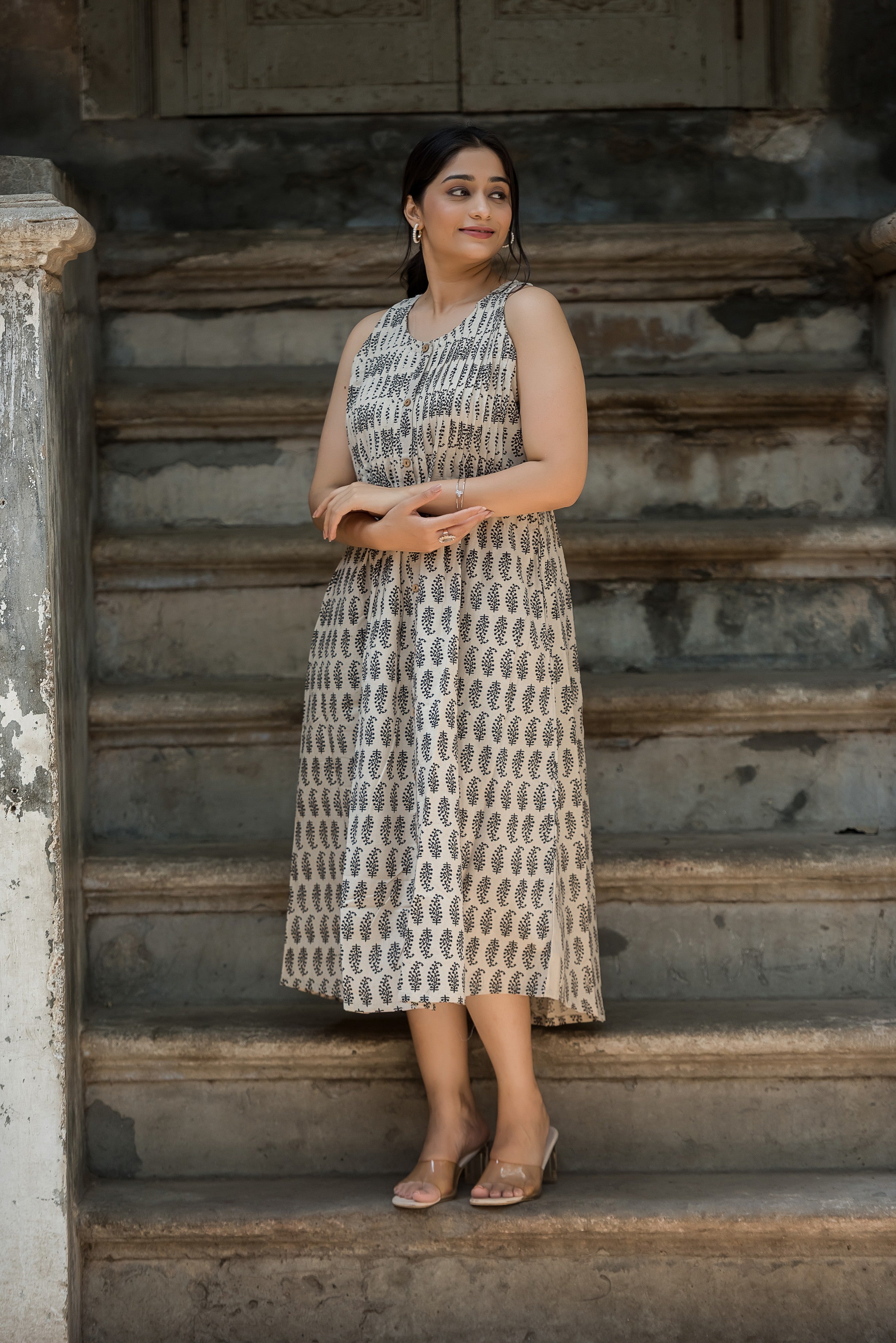 White beige Cotton Haulter Both Sides Plitted Dress