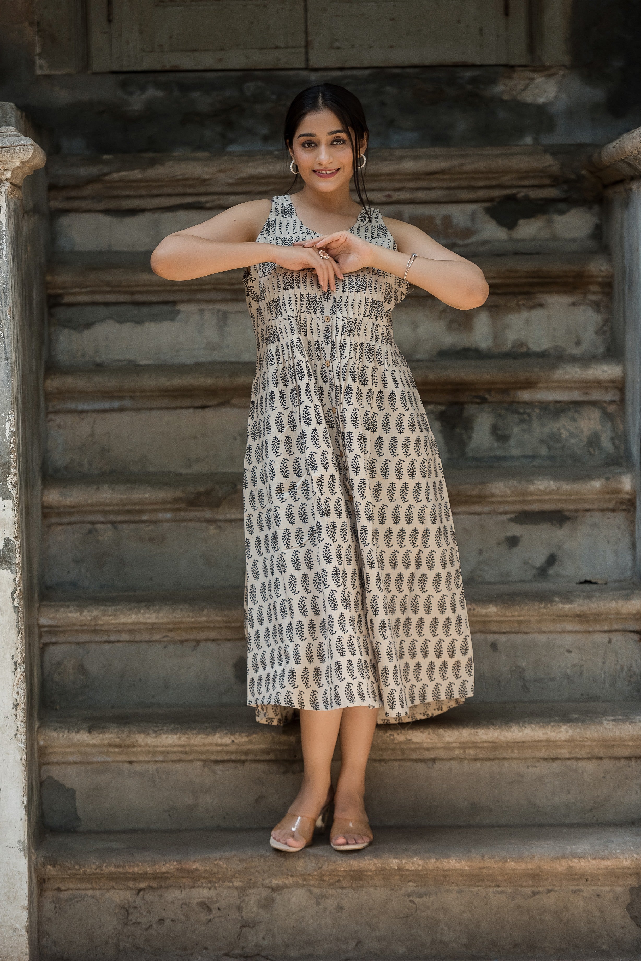 White beige Cotton Haulter Both Sides Plitted Dress