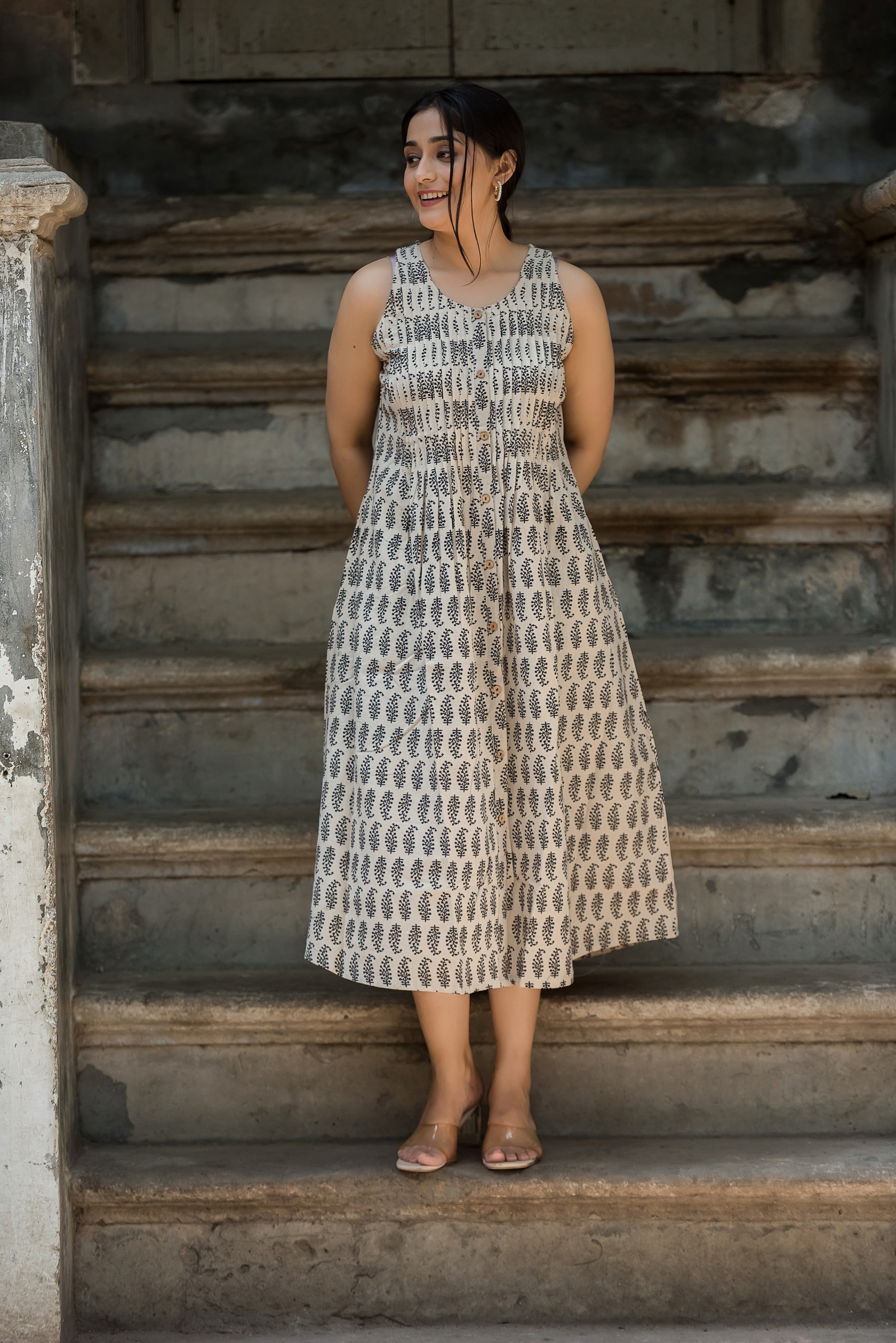 White beige Cotton Haulter Both Sides Plitted Dress
