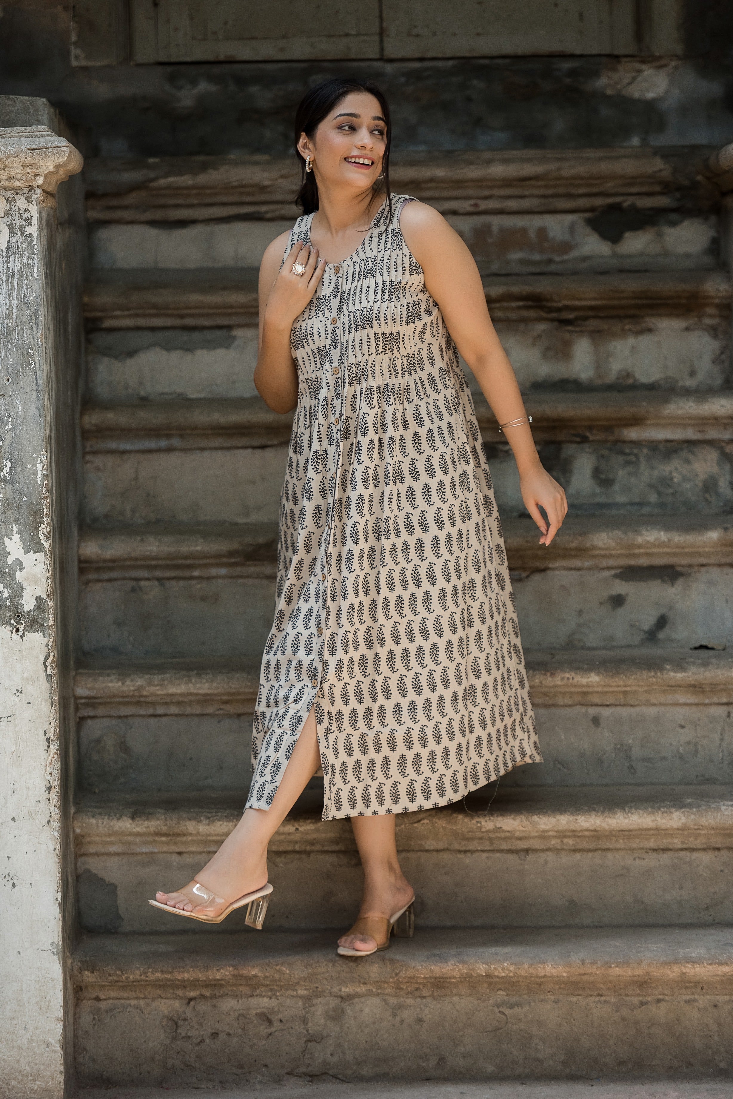 White beige Cotton Haulter Both Sides Plitted Dress