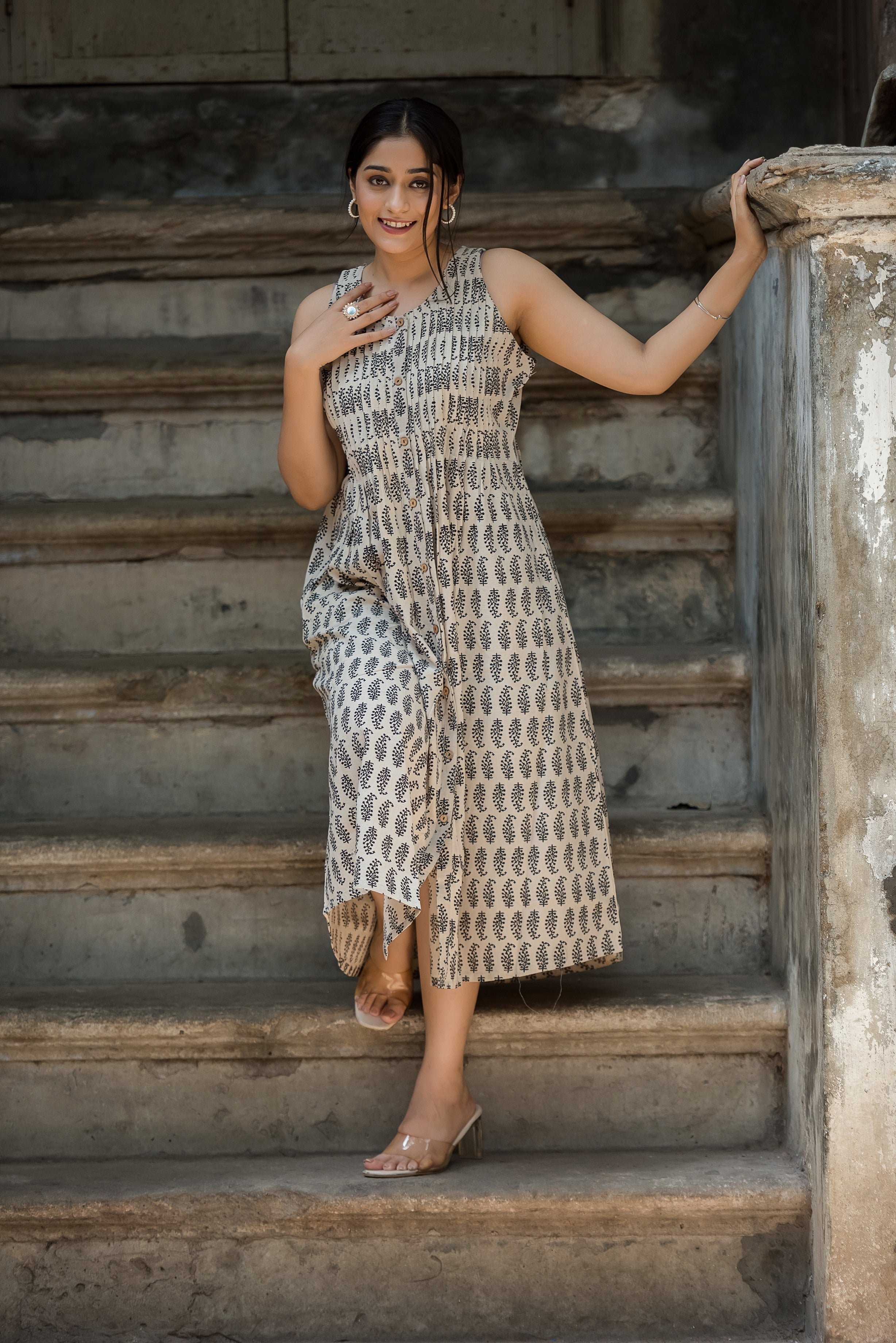 White beige Cotton Haulter Both Sides Plitted Dress