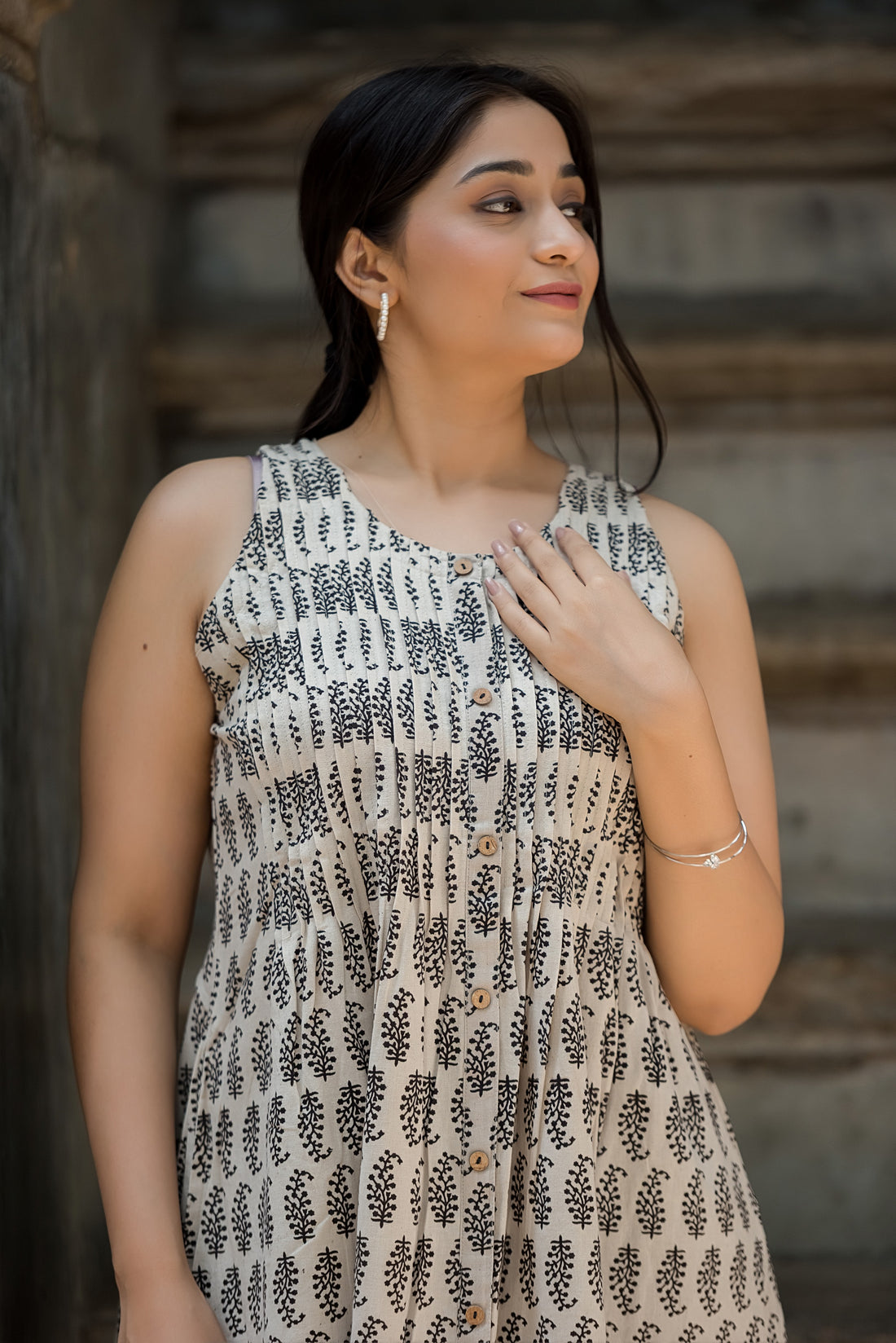 White beige Cotton Haulter Both Sides Plitted Dress