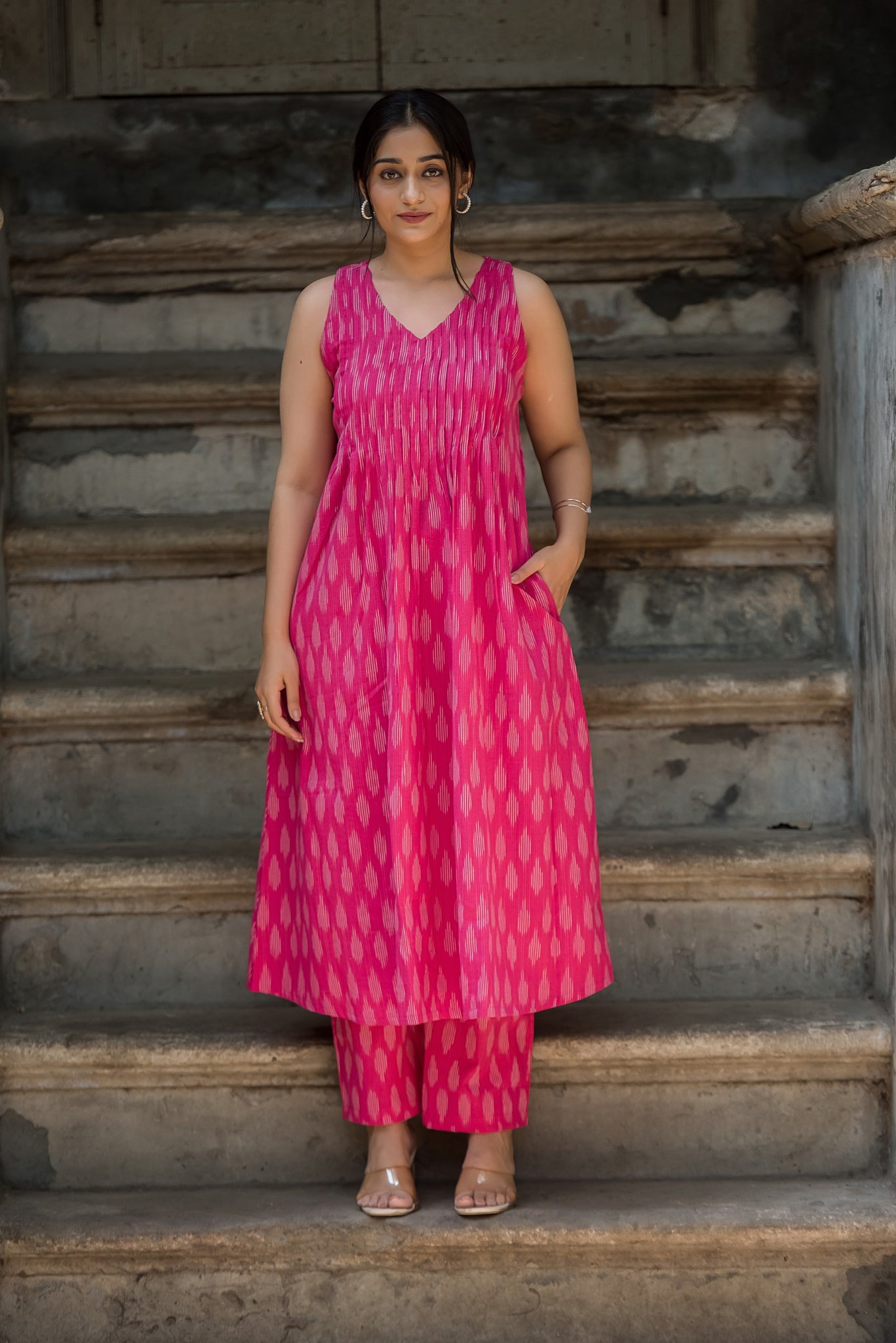 Deep Pink Cotton Dobby Haulter Front Plitted A-line Kurti and Palazzo set