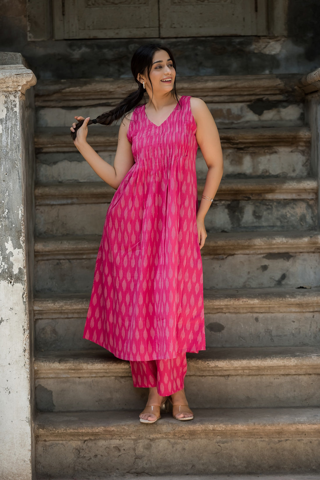 Deep Pink Cotton Dobby Haulter Front Plitted A-line Kurti and Palazzo set