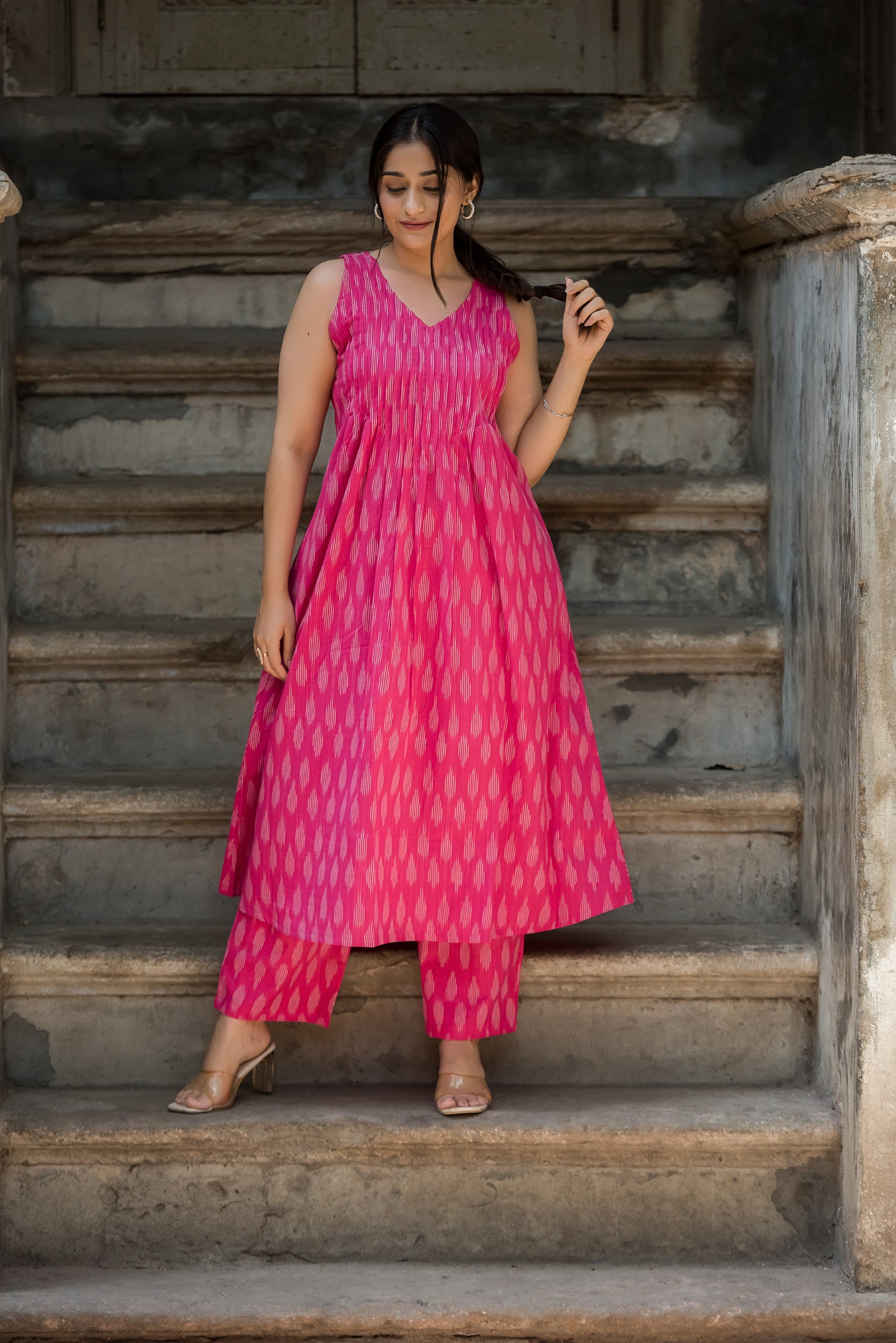 Deep Pink Cotton Dobby Haulter Front Plitted A-line Kurti and Palazzo set