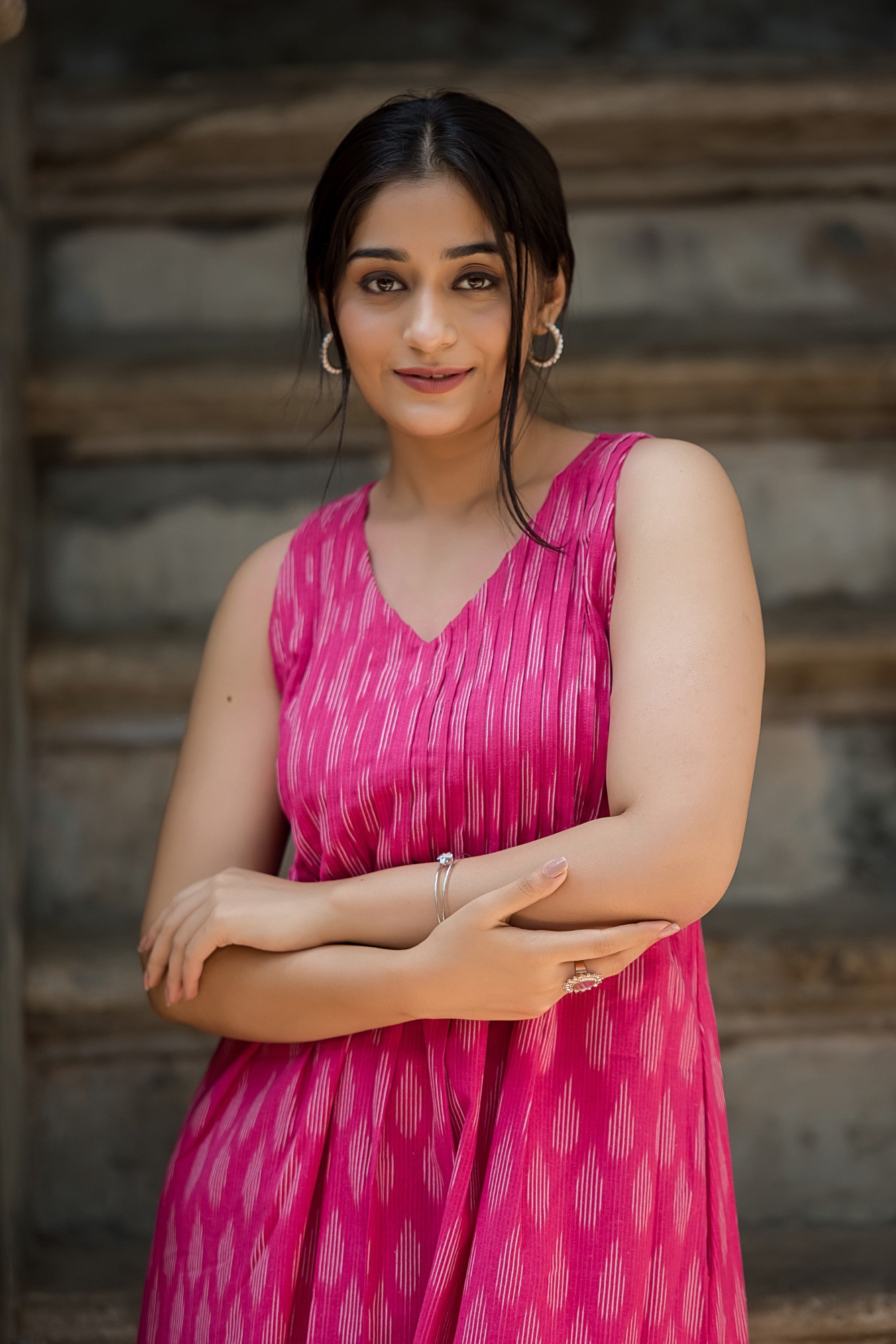 Deep Pink Cotton Dobby Haulter Front Plitted A-line Kurti and Palazzo set