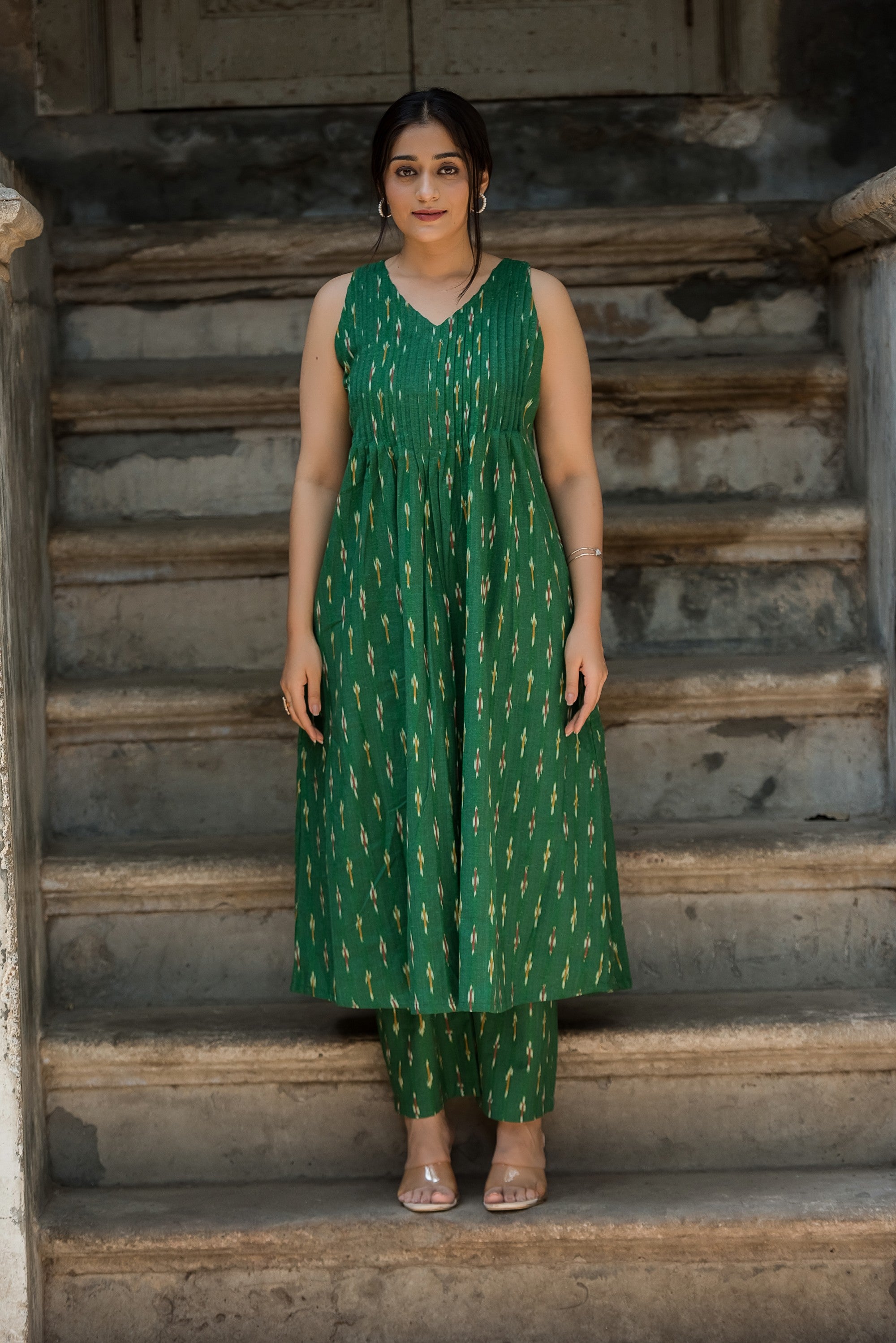 Deep Green Cotton Dobby Haulter Front Plitted A-line Kurti and Palazzo set
