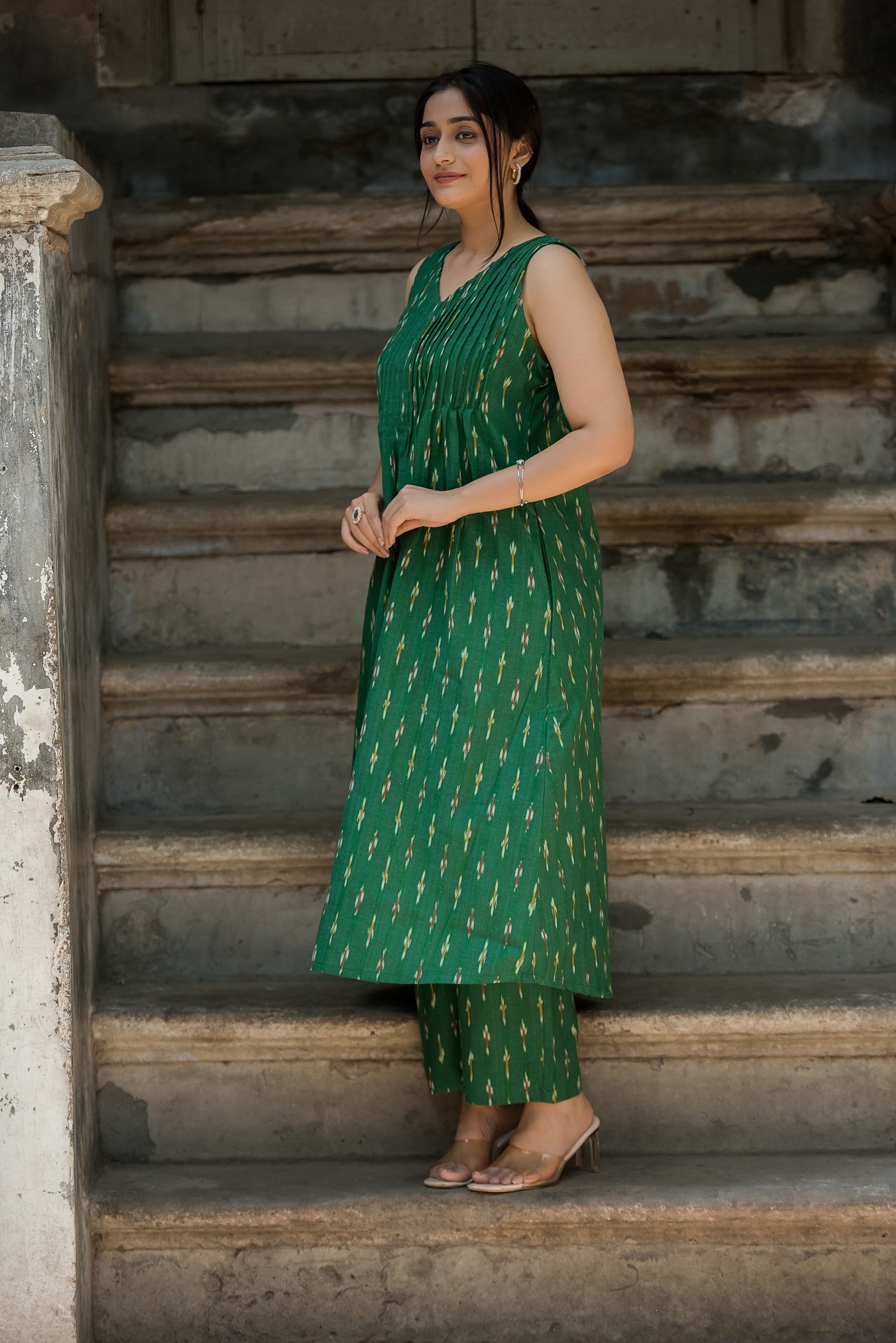 Deep Green Cotton Dobby Haulter Front Plitted A-line Kurti and Palazzo set
