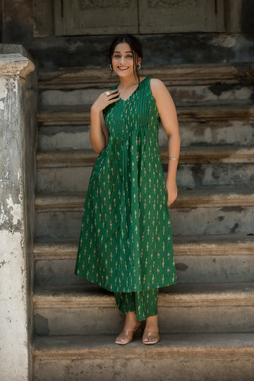 Deep Green Cotton Dobby Haulter Front Plitted A-line Kurti and Palazzo set