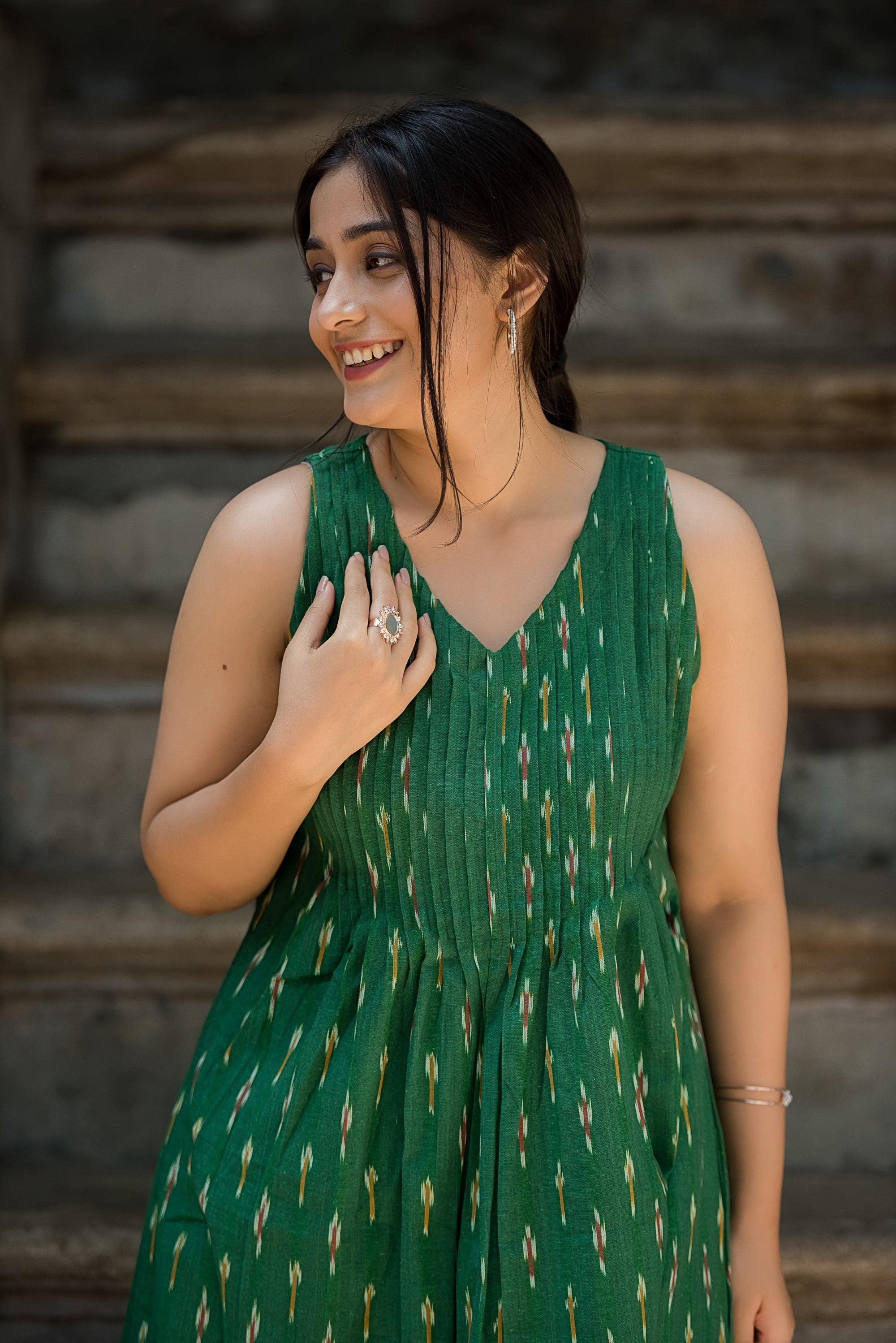 Deep Green Cotton Dobby Haulter Front Plitted A-line Kurti and Palazzo set