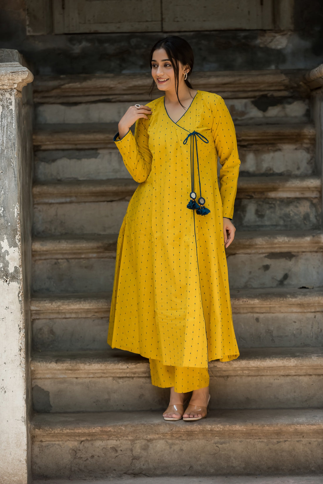 Bright Yellow Cotton Dobby A-line Angarkha style kurti And Palazzo set