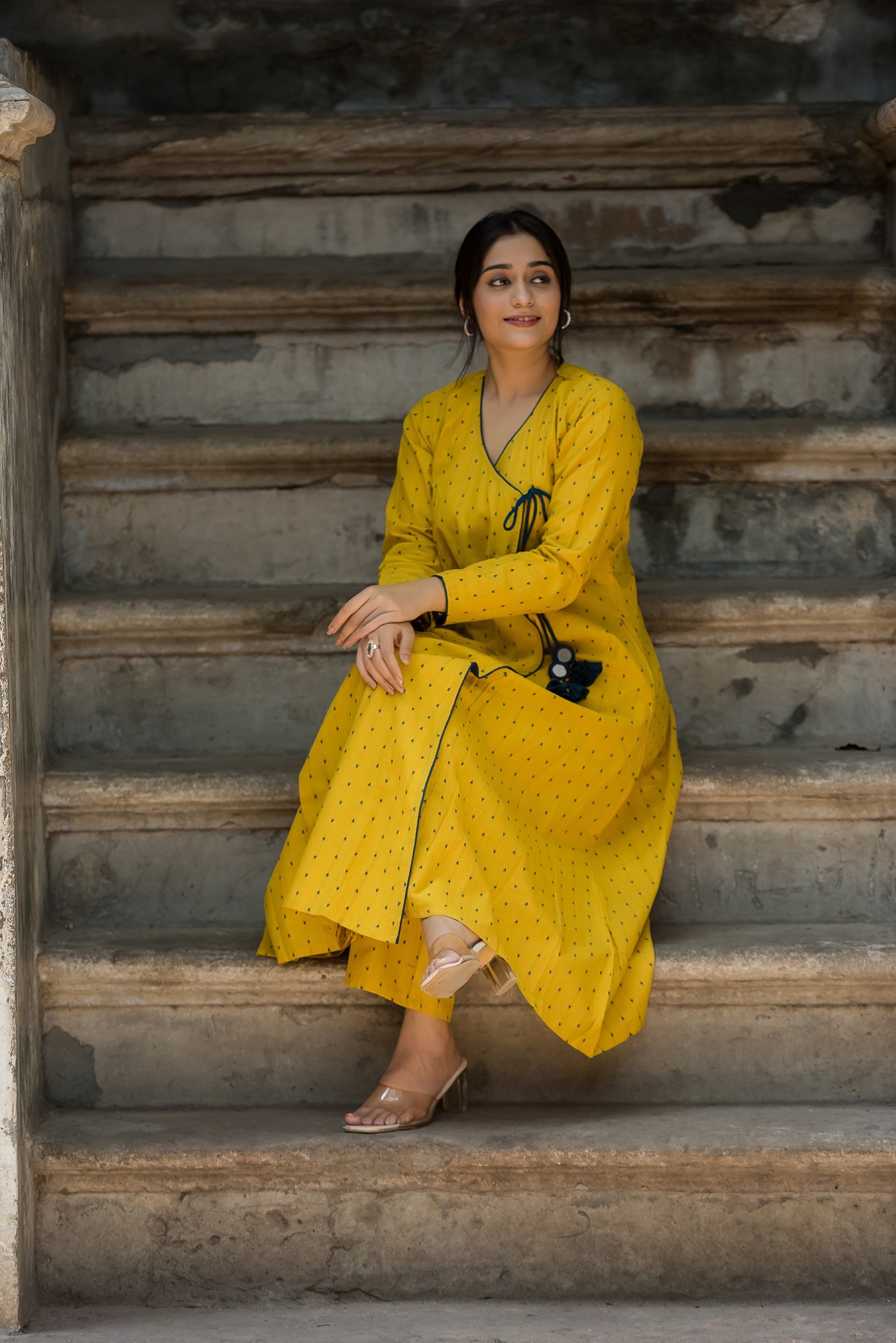 Bright Yellow Cotton Dobby A-line Angarkha style kurti And Palazzo set
