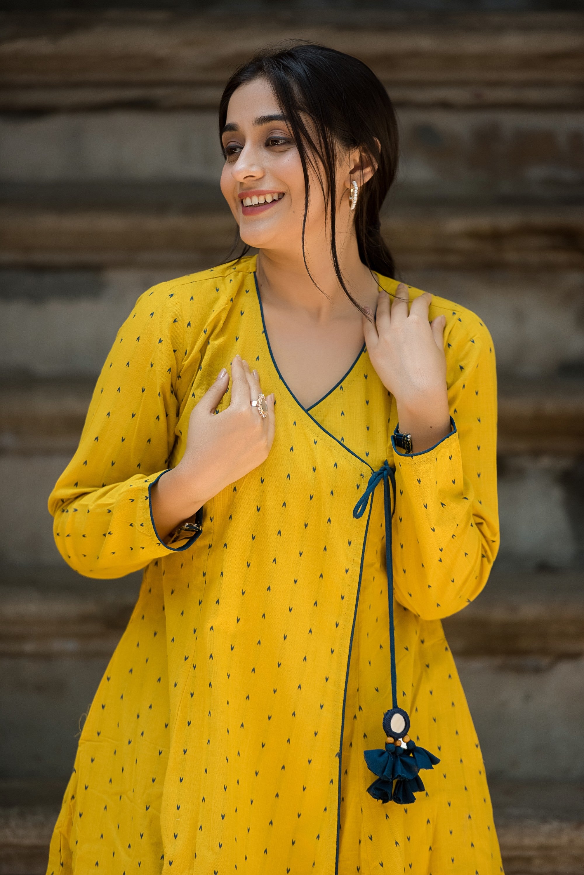 Bright Yellow Cotton Dobby A-line Angarkha style kurti And Palazzo set