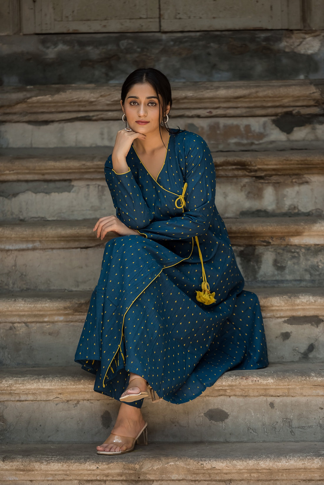 Royal Blue Cotton Dobby A-line Angarkha style kurti And Palazzo set