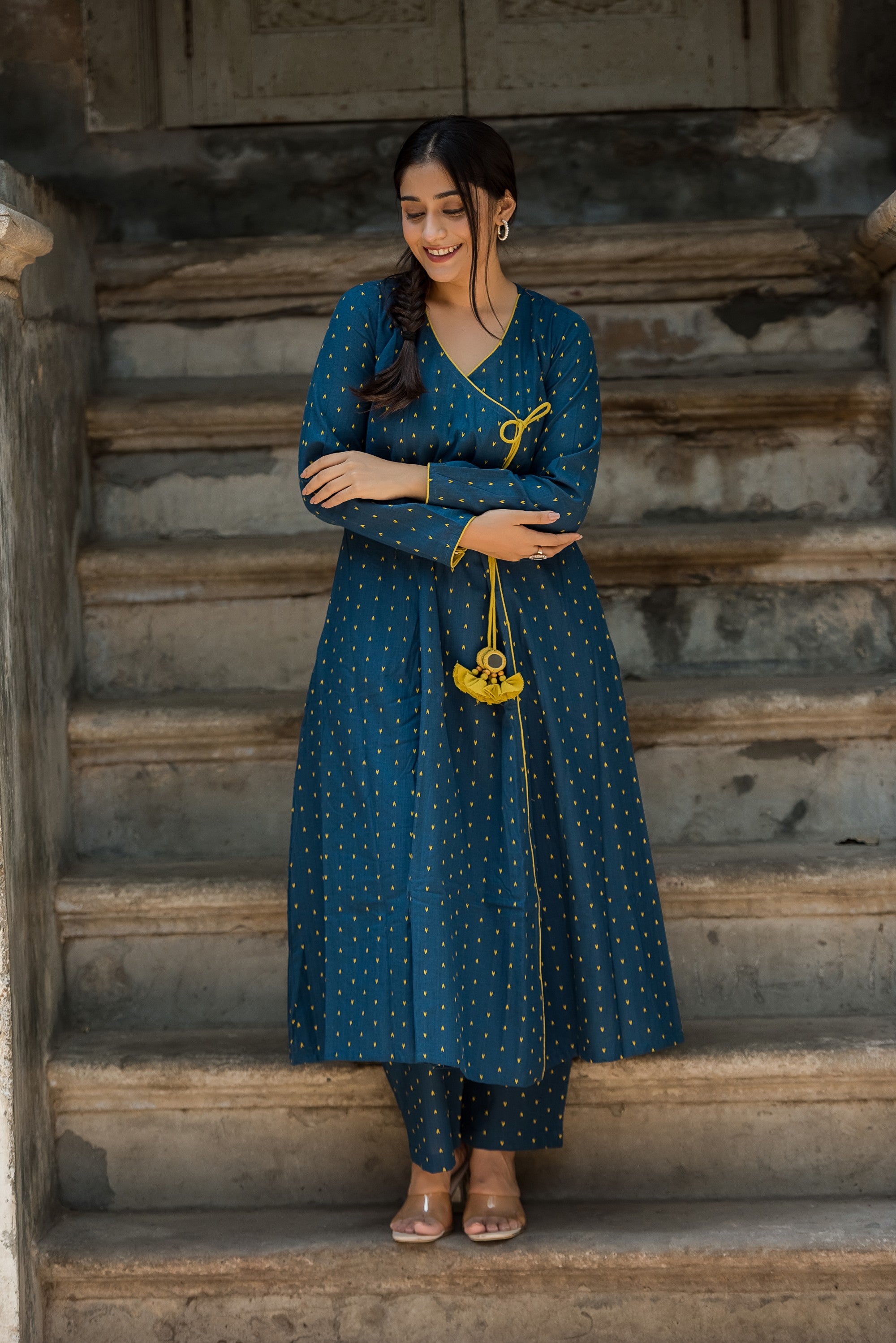 Royal Blue Cotton Dobby A-line Angarkha style kurti And Palazzo set