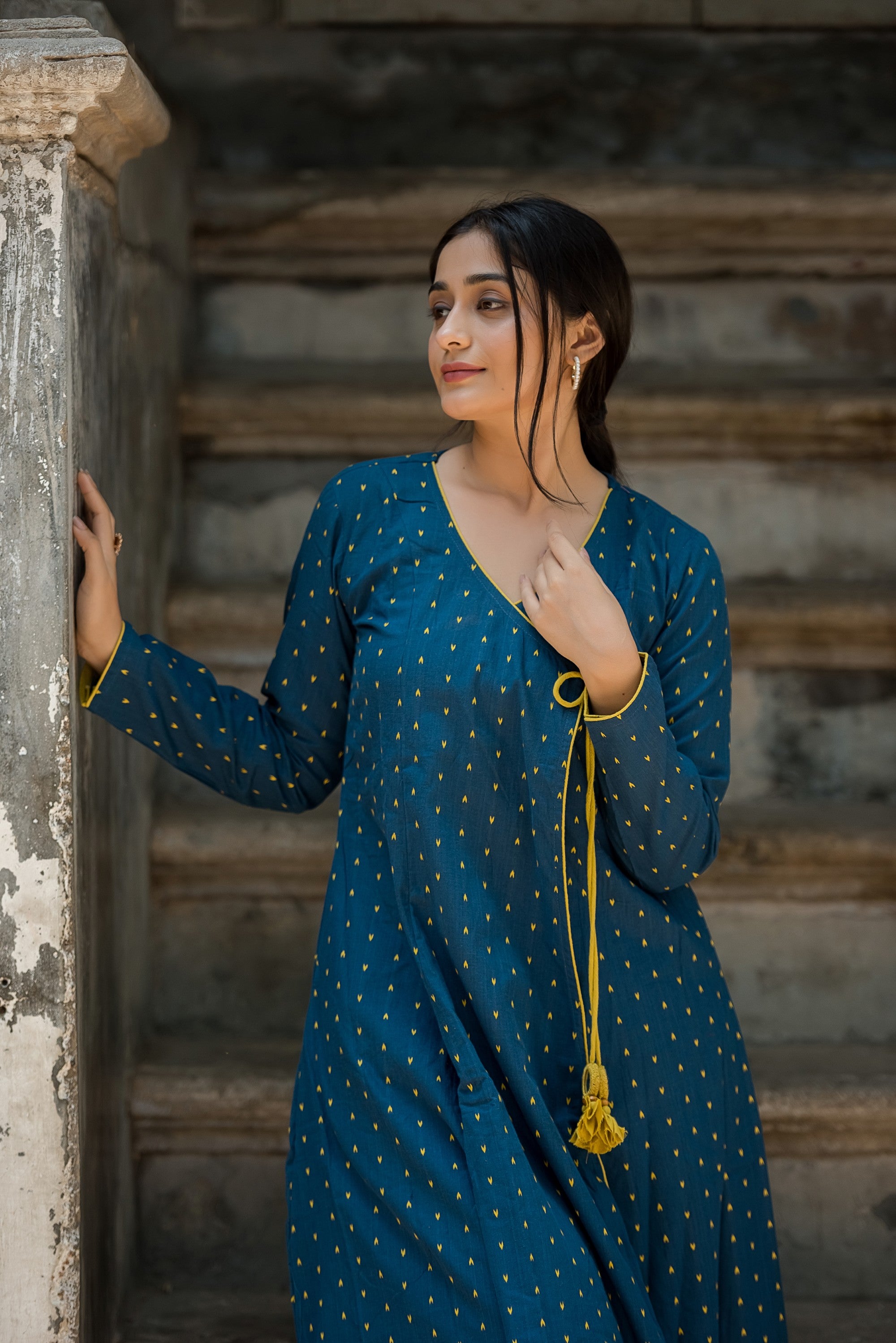 Royal Blue Cotton Dobby A-line Angarkha style kurti And Palazzo set