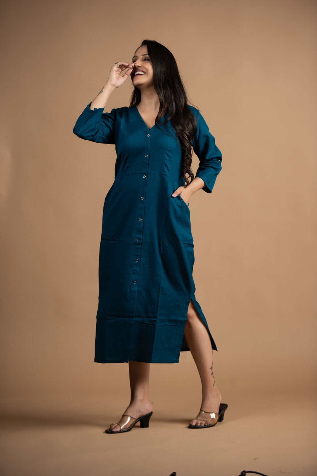 Peacock blue Cotton Flex Front Open Bodycon dress