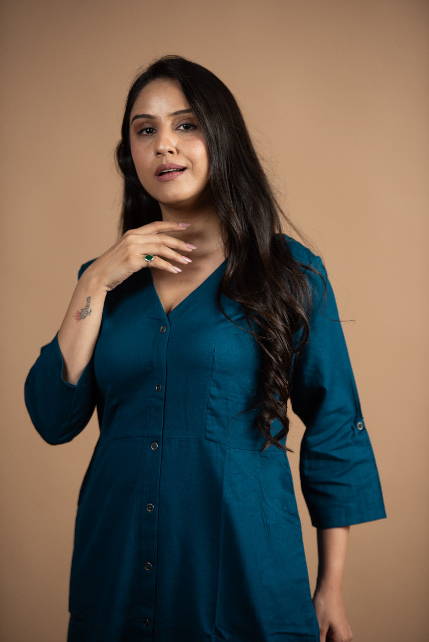 Peacock blue Cotton Flex Front Open Bodycon dress