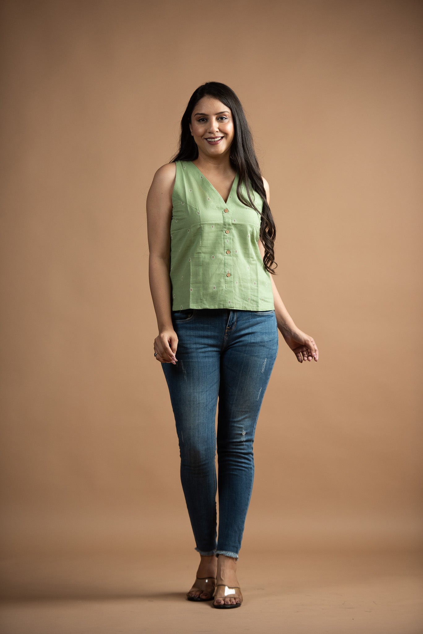 Pista Green Cotton Dobby Front Open Haulter Crop top