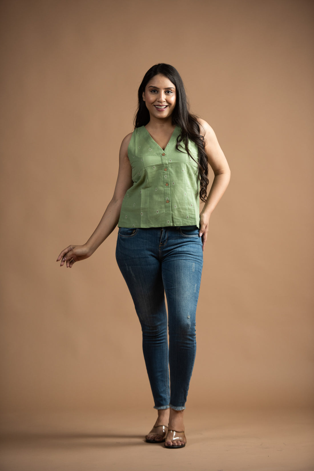 Pista Green Cotton Dobby Front Open Haulter Crop top