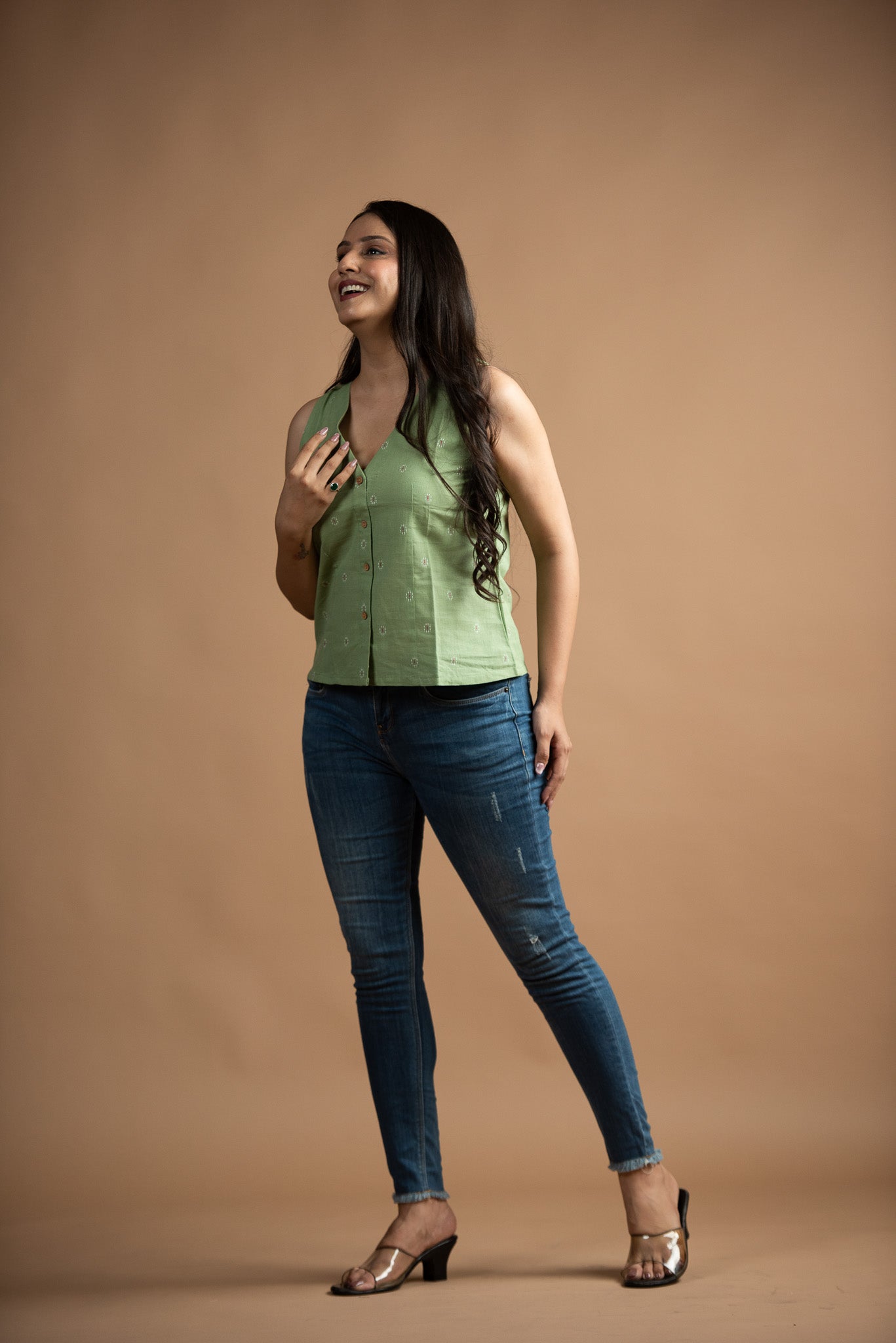 Pista Green Cotton Dobby Front Open Haulter Crop top