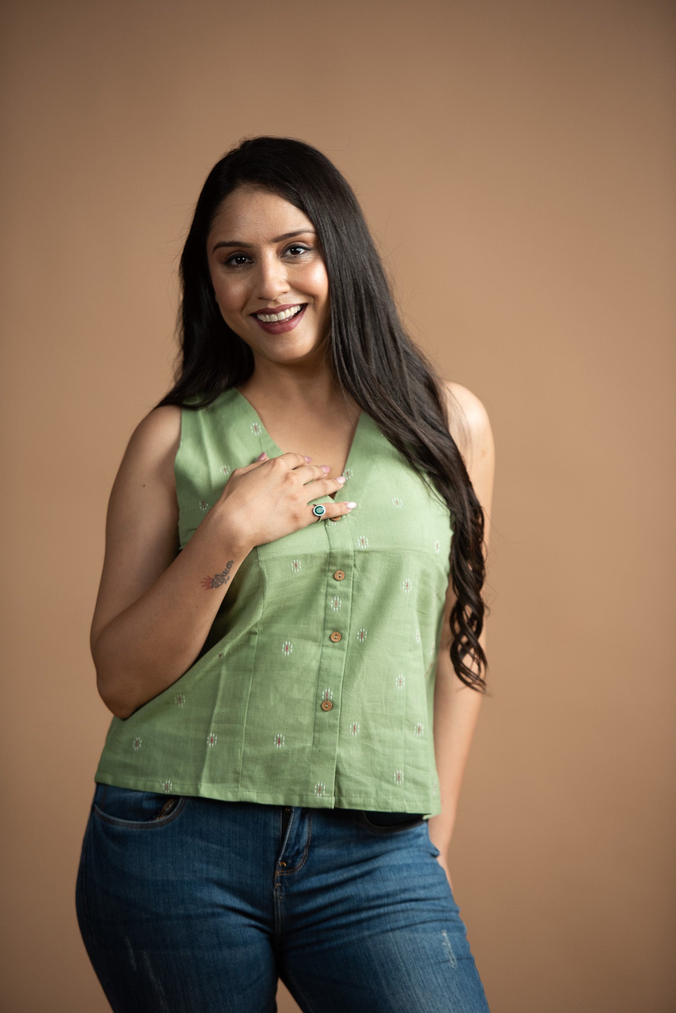 Pista Green Cotton Dobby Front Open Haulter Crop top