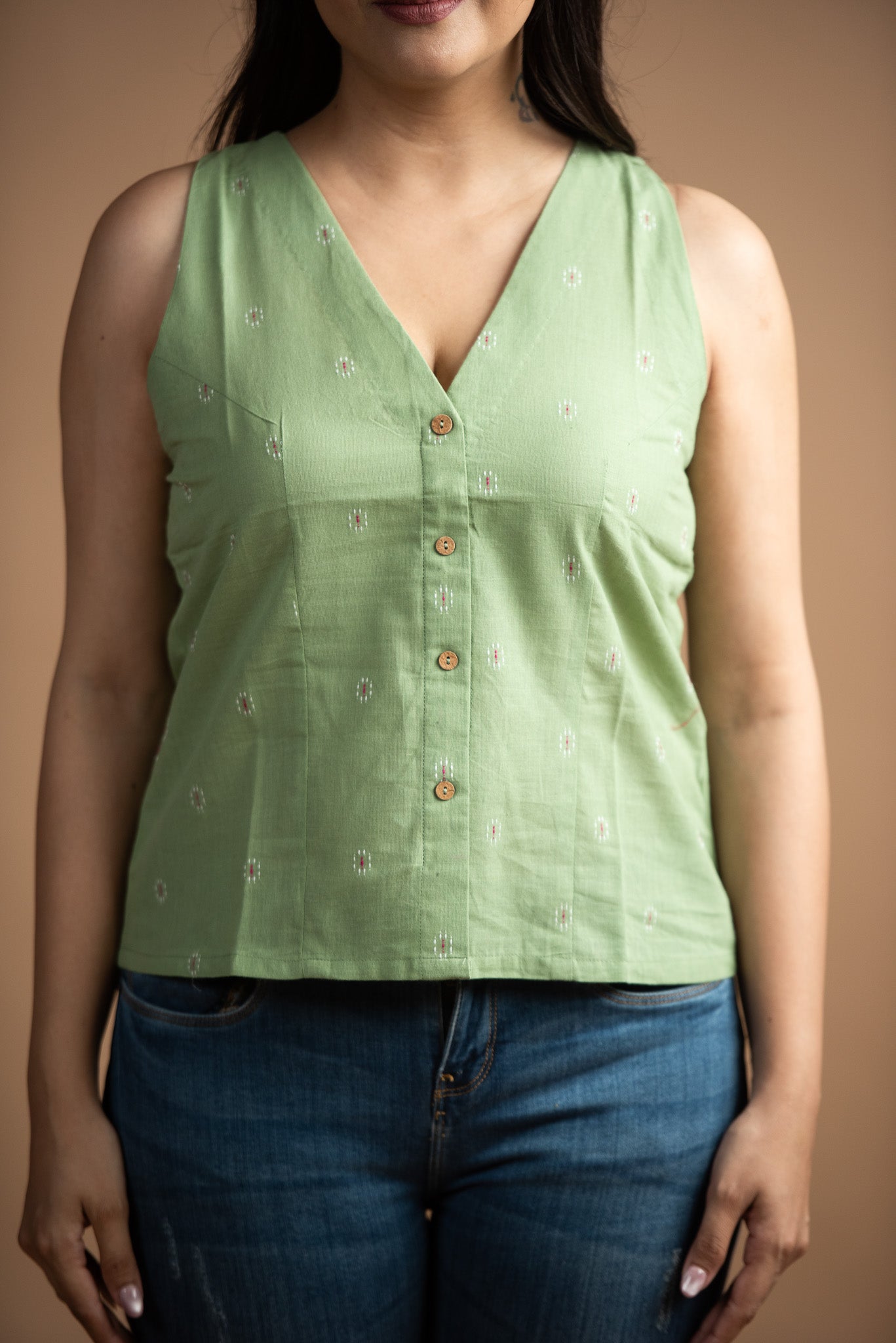 Pista Green Cotton Dobby Front Open Haulter Crop top