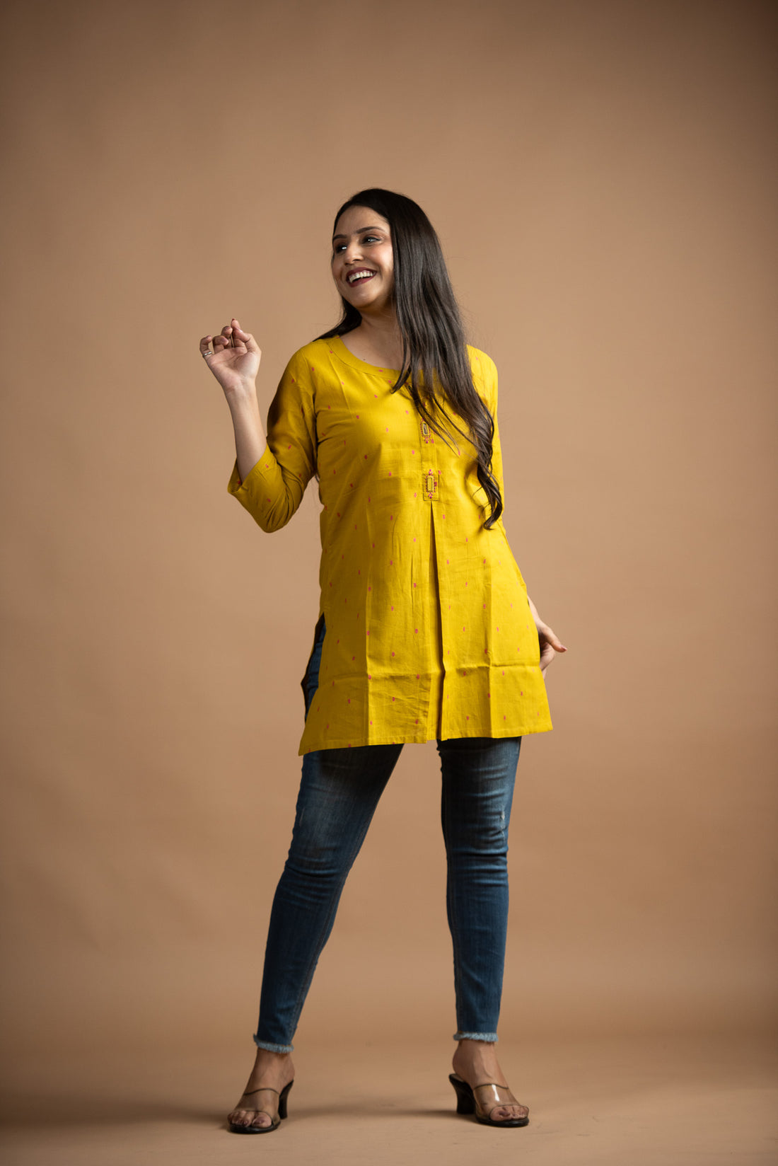 Classic Yellow Cotton Dobby   Front Box pleats Short kurti
