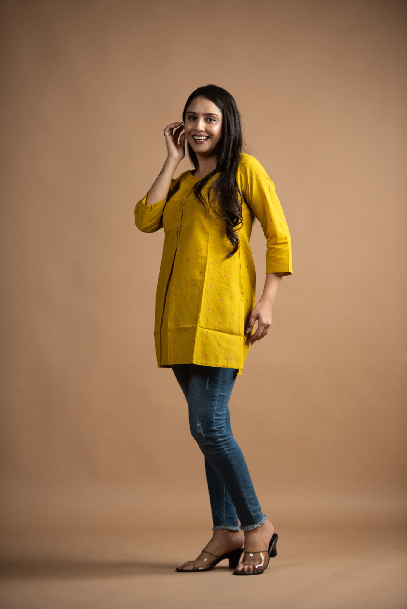 Classic Yellow Cotton Dobby   Front Box pleats Short kurti