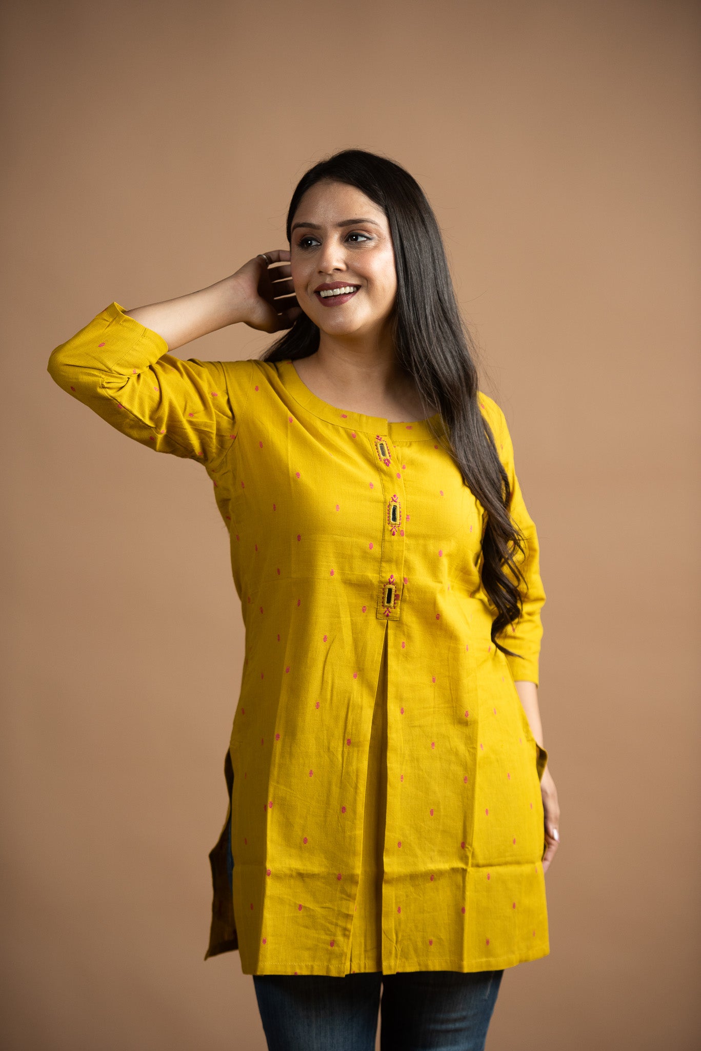 Classic Yellow Cotton Dobby   Front Box pleats Short kurti