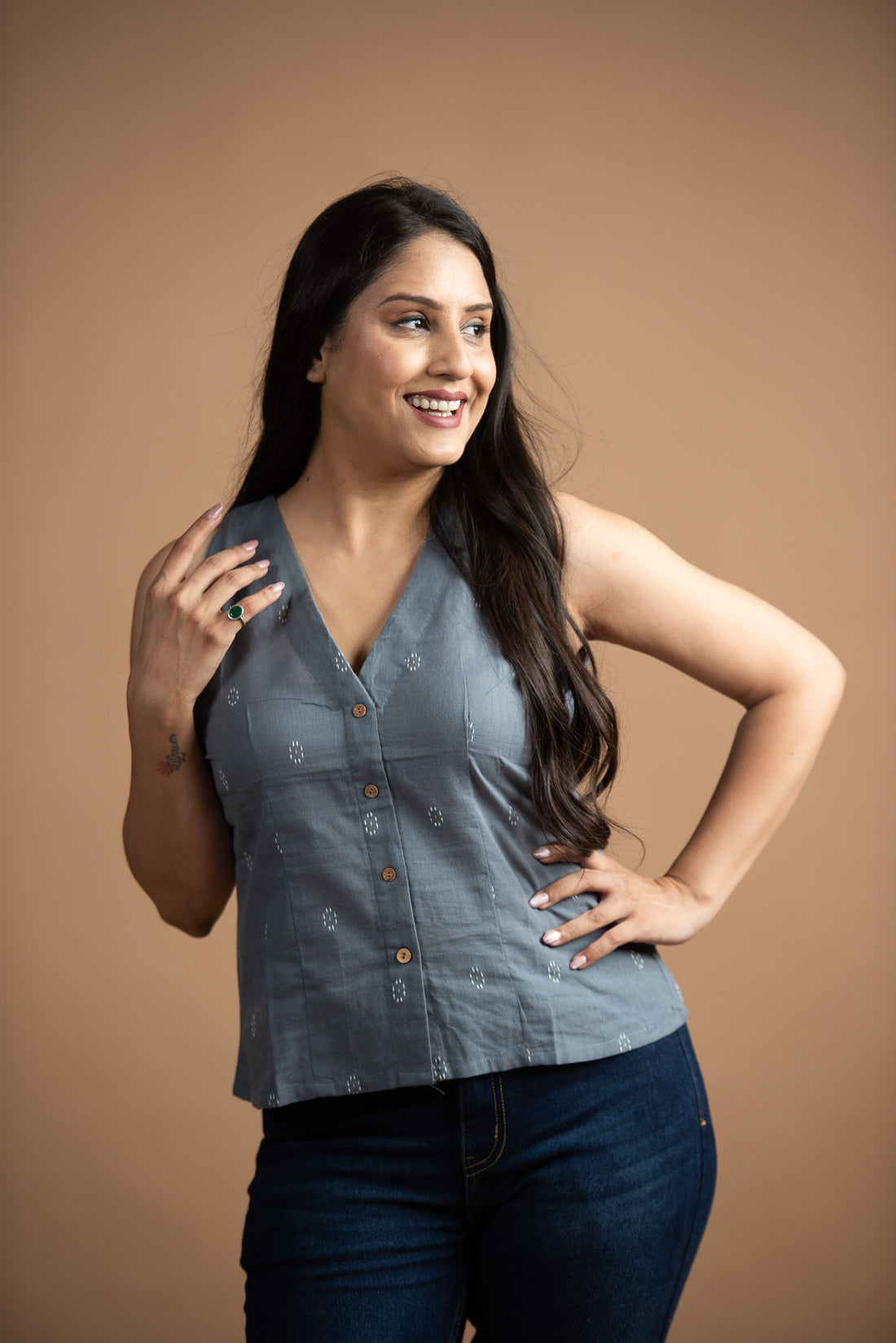 Grey Cotton Dobby Haulter Front Open Crop top